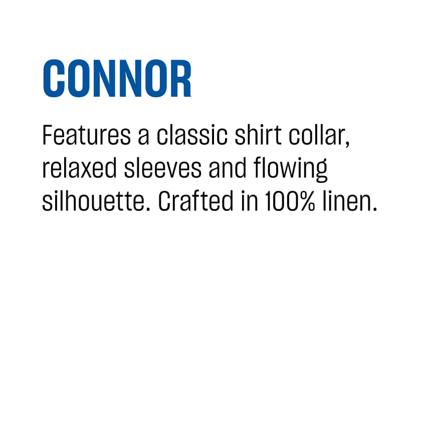 Connor. Features a classic shirt collar, relaxed sleeves and flowing silhouette. Crafted in 100% linen.