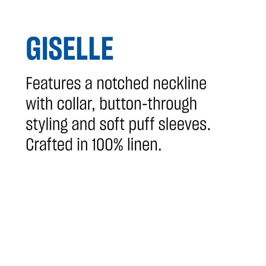 Giselle. Features a notched neckline with collar, button-through styling and soft puff sleeves. Crafted in 100% linen.