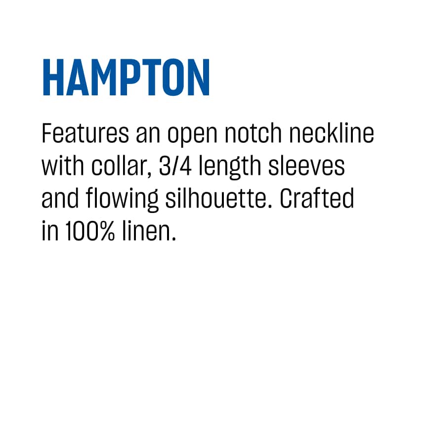 Hampton. Features an open notch neckline with collar, 3/4 length sleeves and flowing silhouette. Crafted in 100% linen.