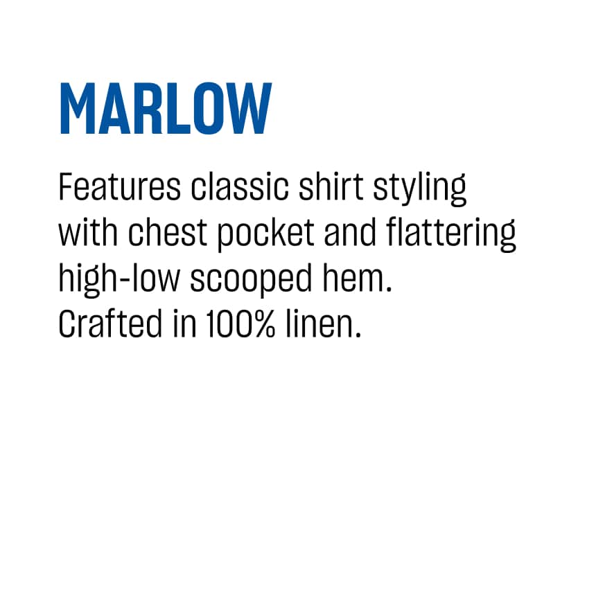 Marlow. Features classic shirt styling with chest pocket and flattering high-low scooped hem. Crafted in 100% linen.