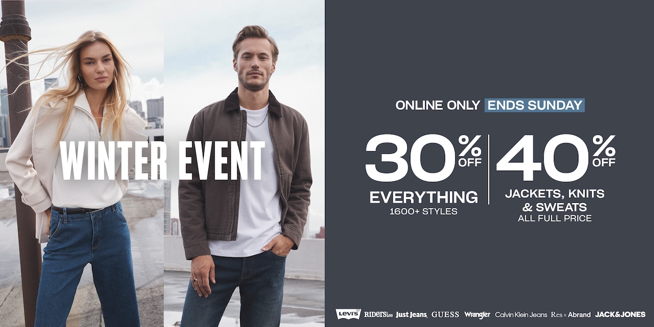 Winter Event. Online only, ends Sunday. 30% Off Everything. 40% Off Jackets, Knits & Sweats.
