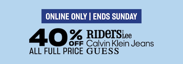 Online only, ends Sunday. 40% off Calvin Klein, Riders by Lee & Guess