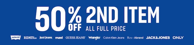 50% Off 2nd Item. All Full Price. Levi's. Riders by Lee. Just Jeans. Mavi. Guess Jeans. Wrangler. Calvin Klein Jeans. Rex x Abrand. Jack & Jones. Only