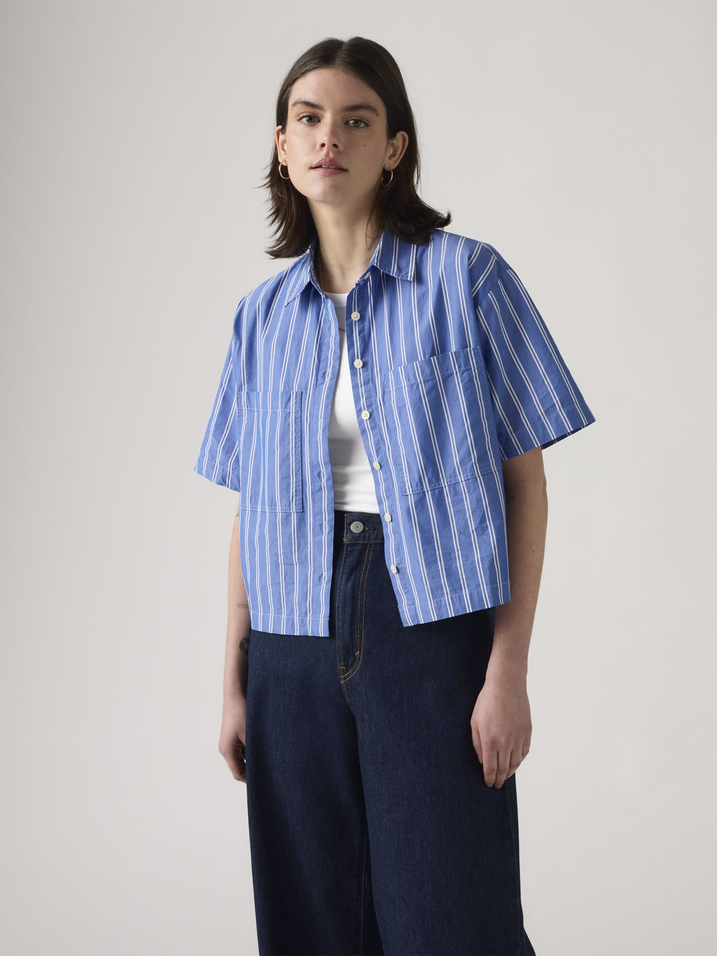 Harlie Cropped Shirt In Double Dutch Stripe Nautical Blue