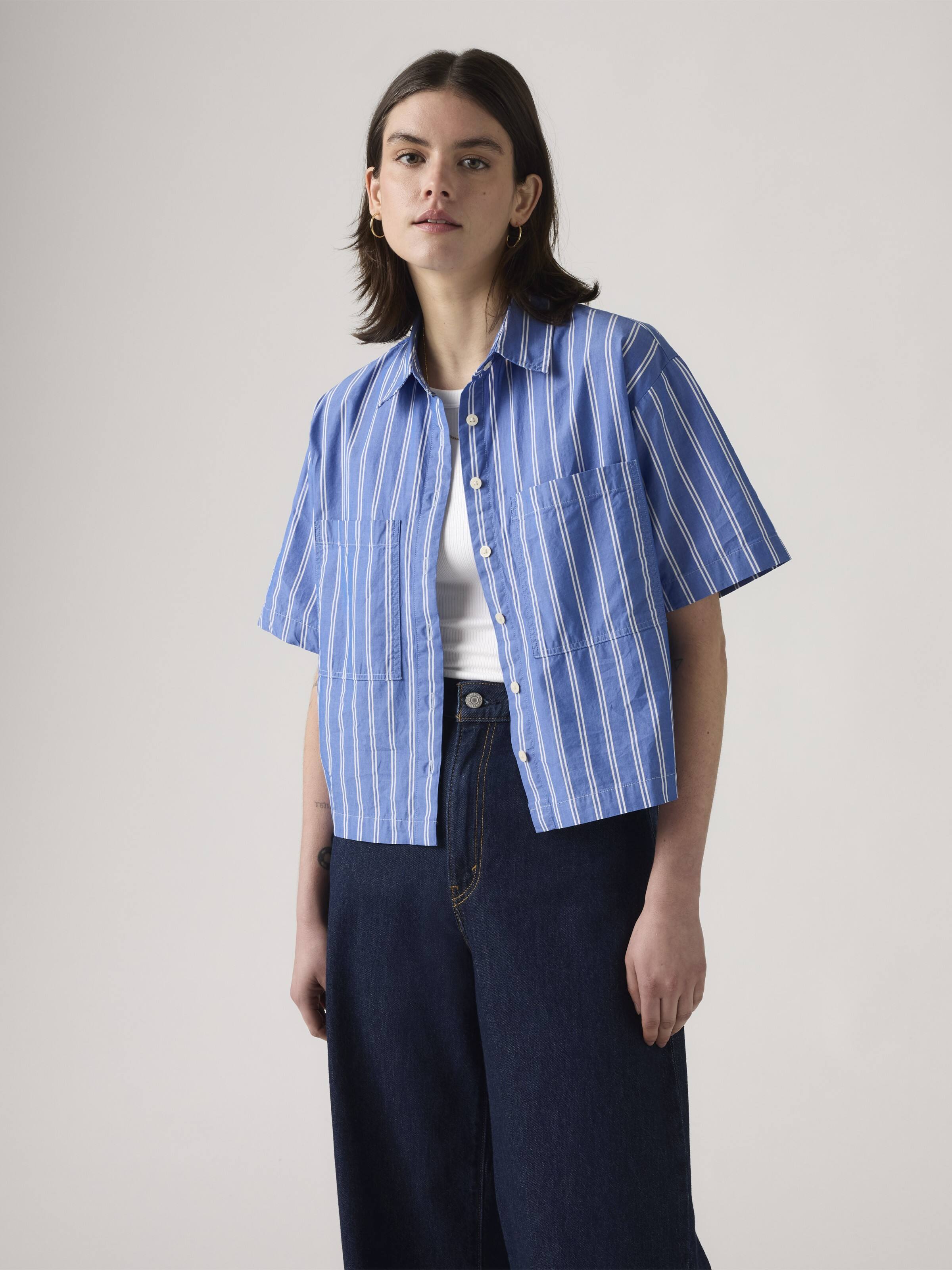 Harlie Cropped Shirt In Double Dutch Stripe Nautical Blue