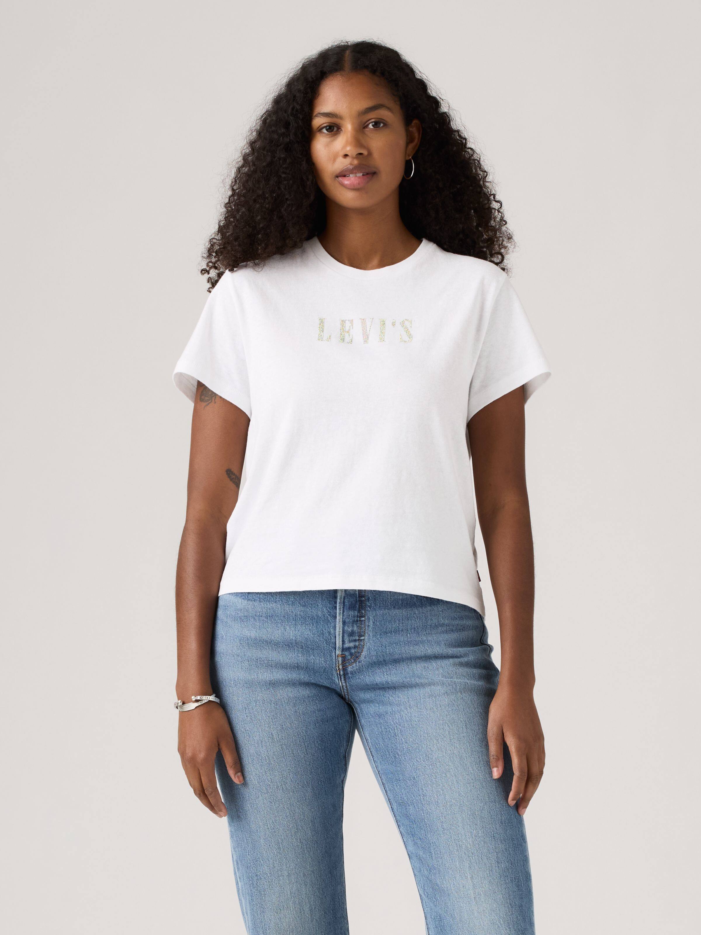 Graphic Classic Tee In Rhinestone Serif Logo Bright White