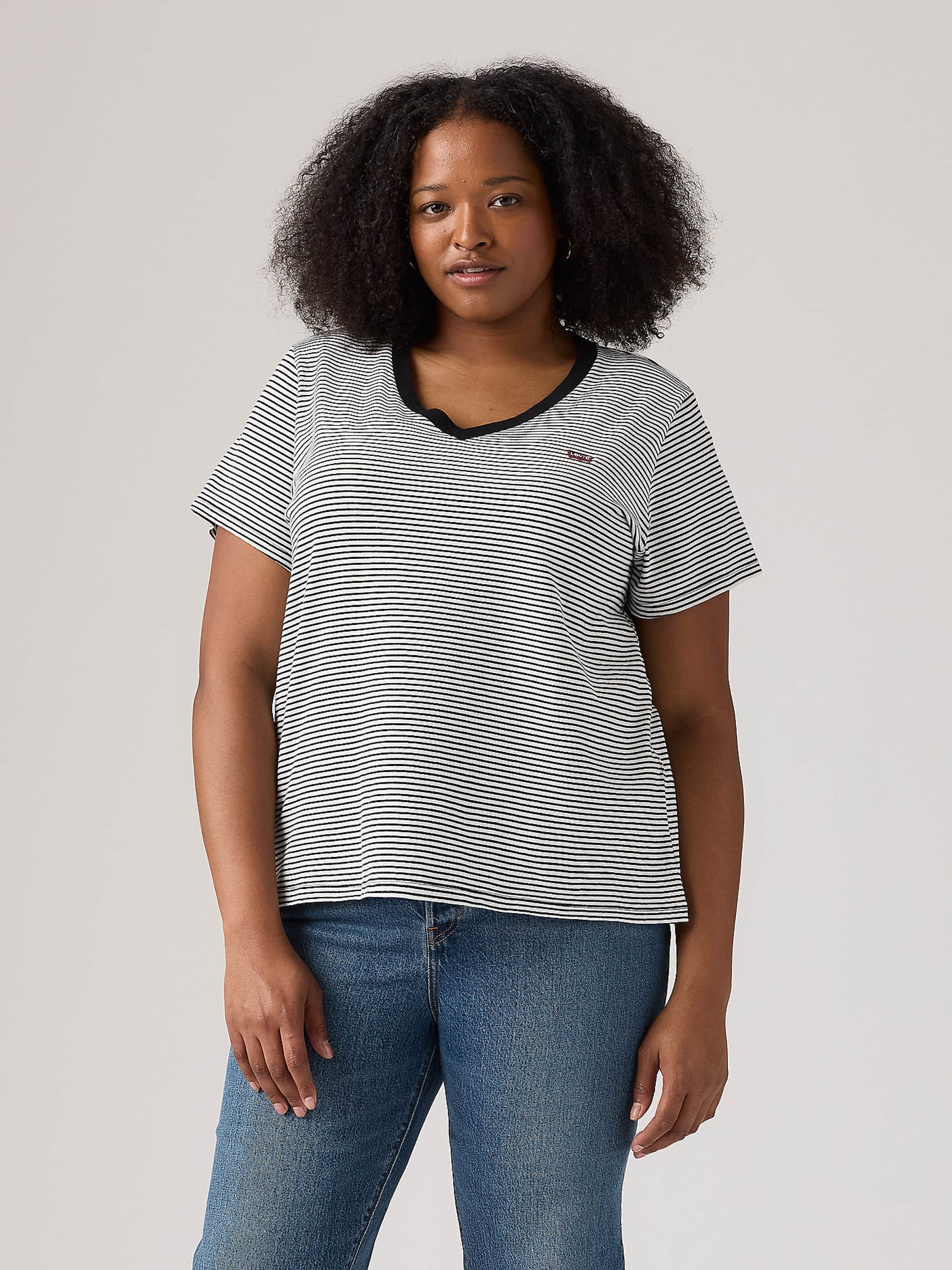 Curve Perfect Vneck Tee In Annalise Stripe Cloud Dancer
