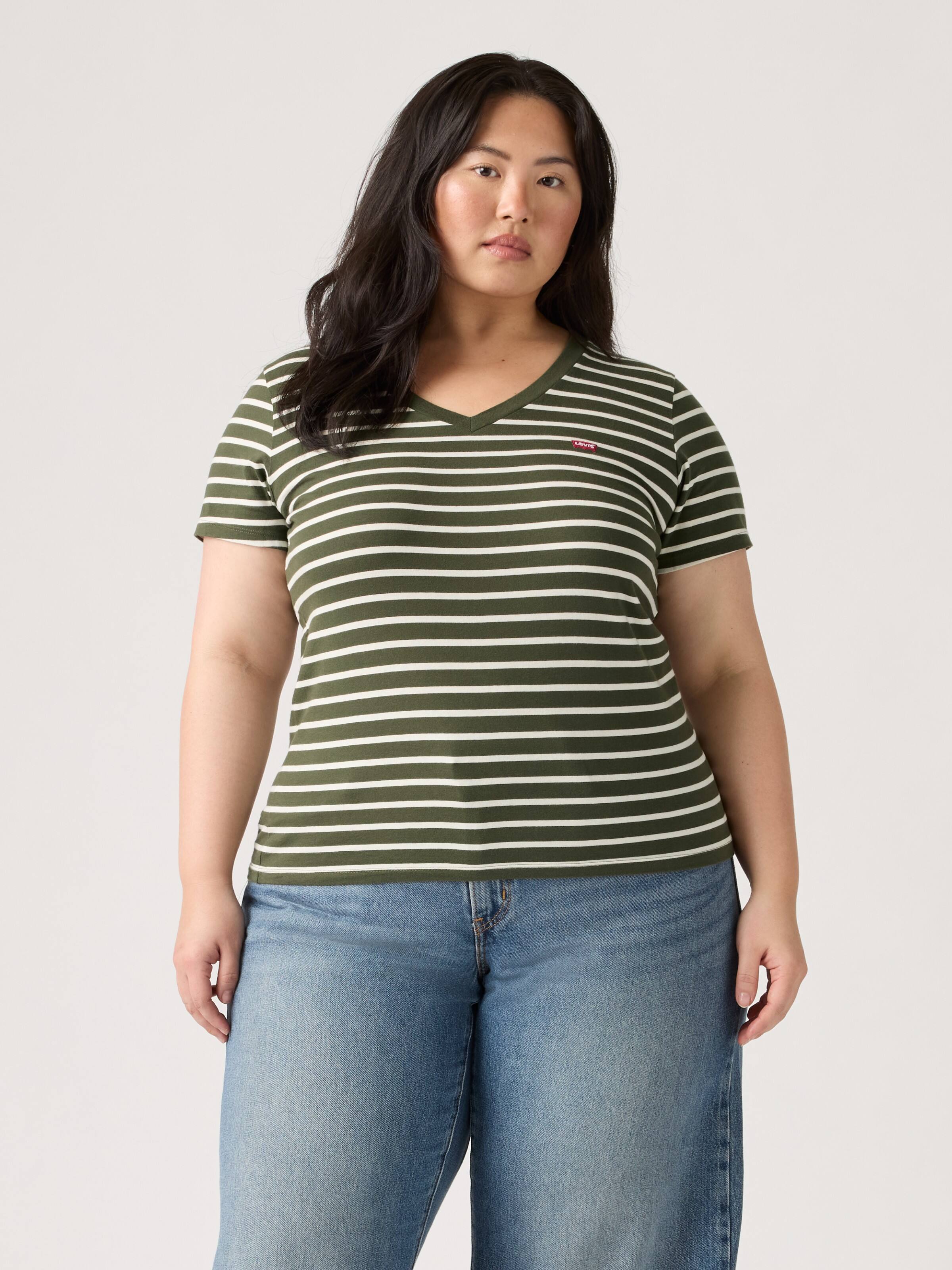 Curve Perfect V Neck Tee In Emily Stripe