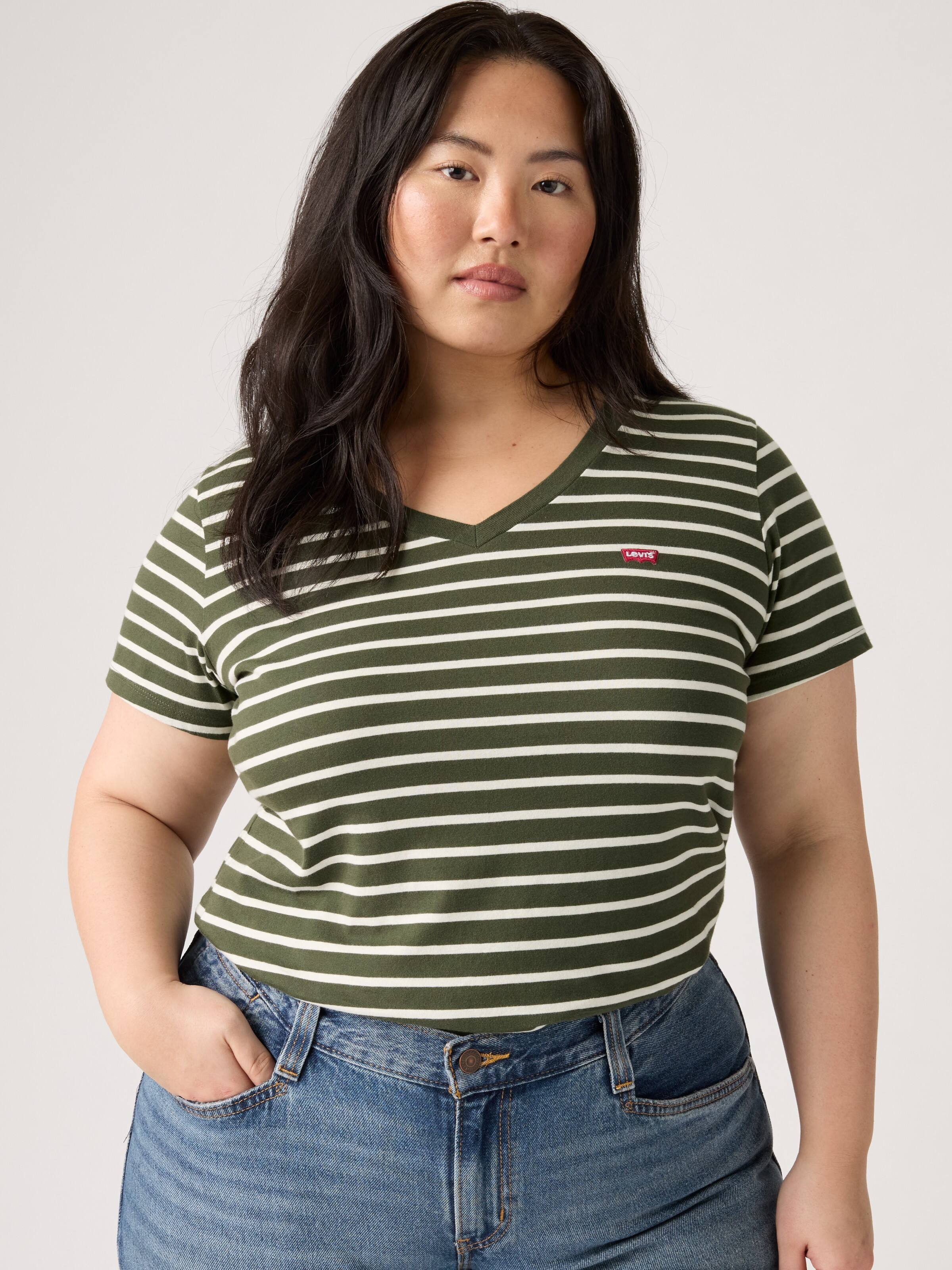Curve Perfect V Neck Tee In Emily Stripe