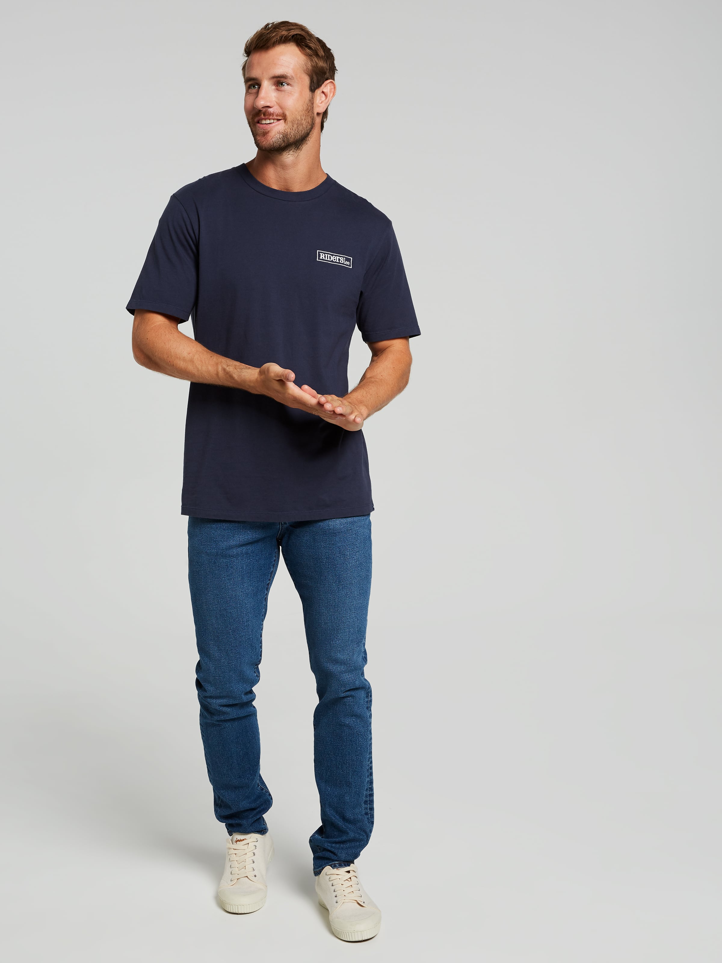 Trademark Tee In Navy Worn