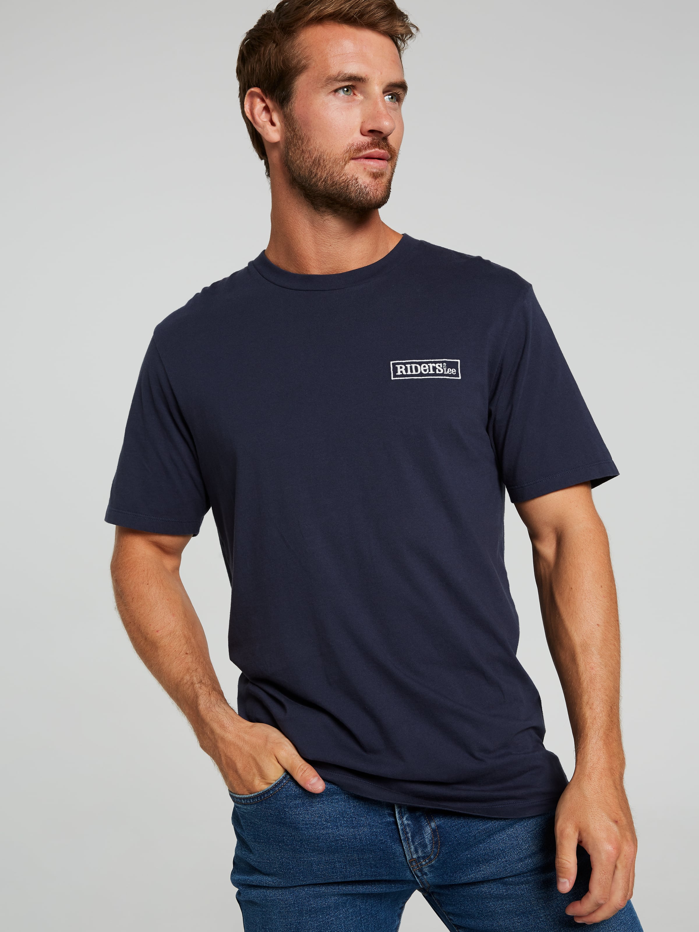 Trademark Tee In Navy Worn