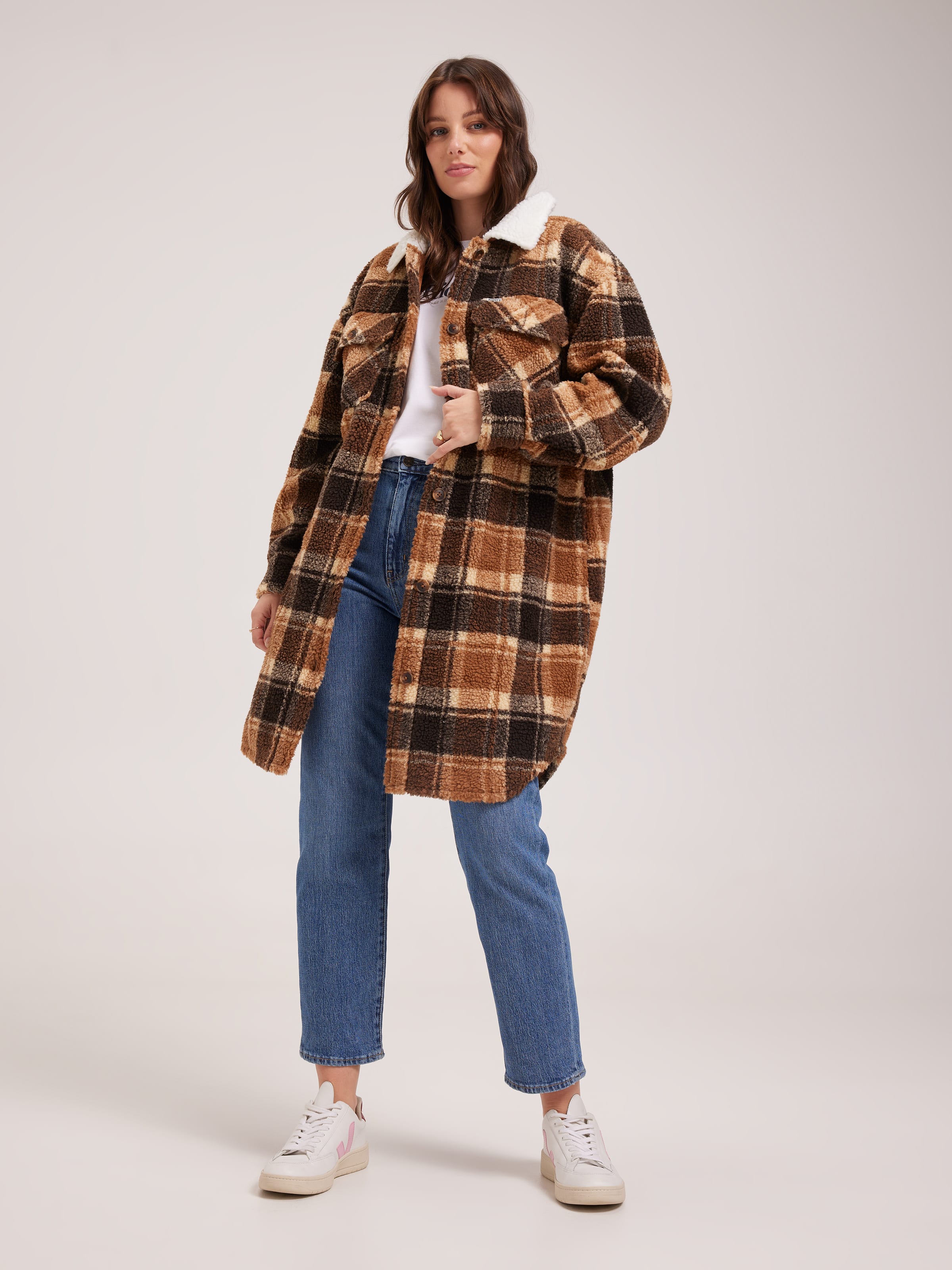 Teddy Sherpa Coat In Caramel Check