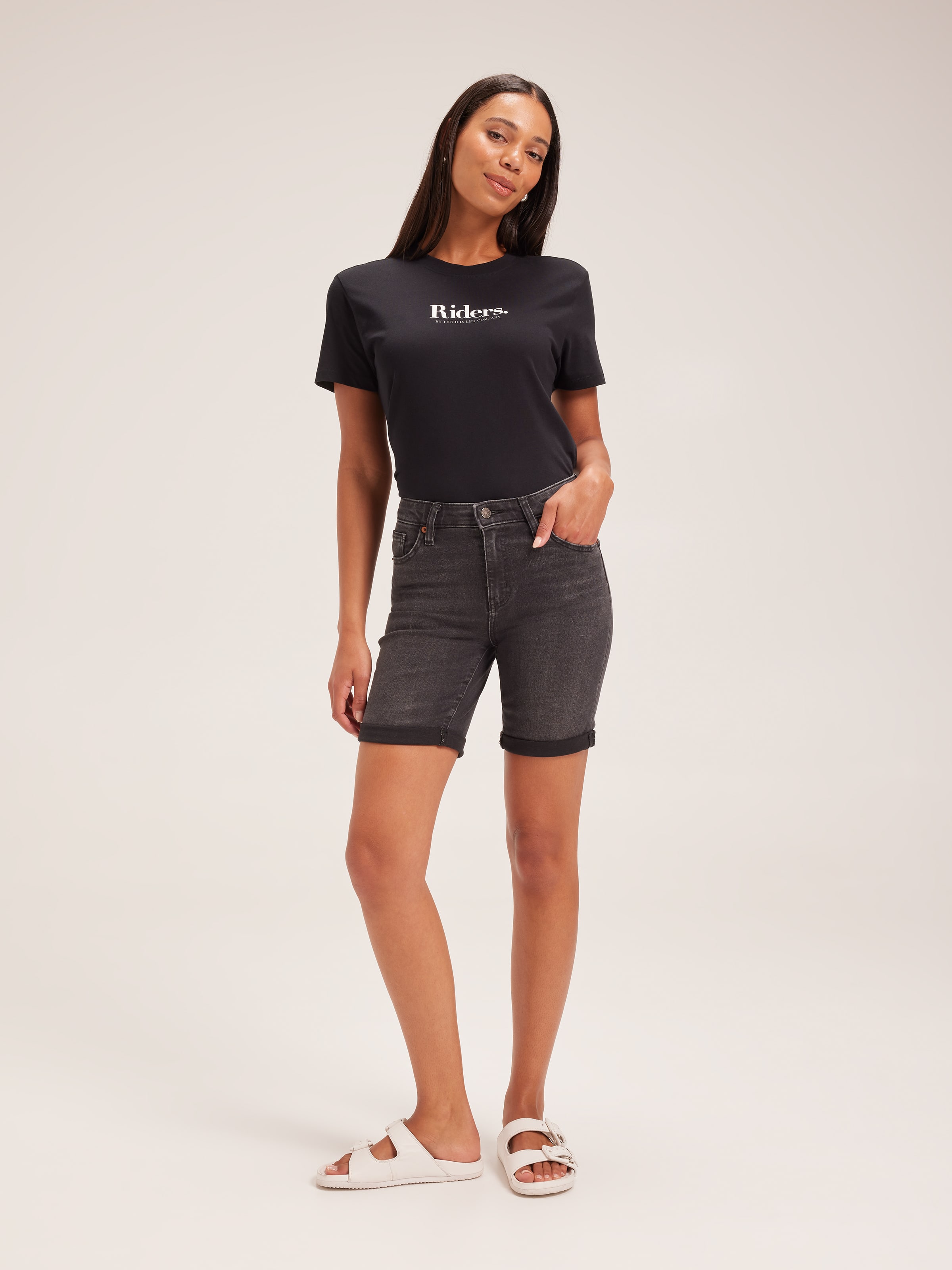 Knee length denim shorts black online