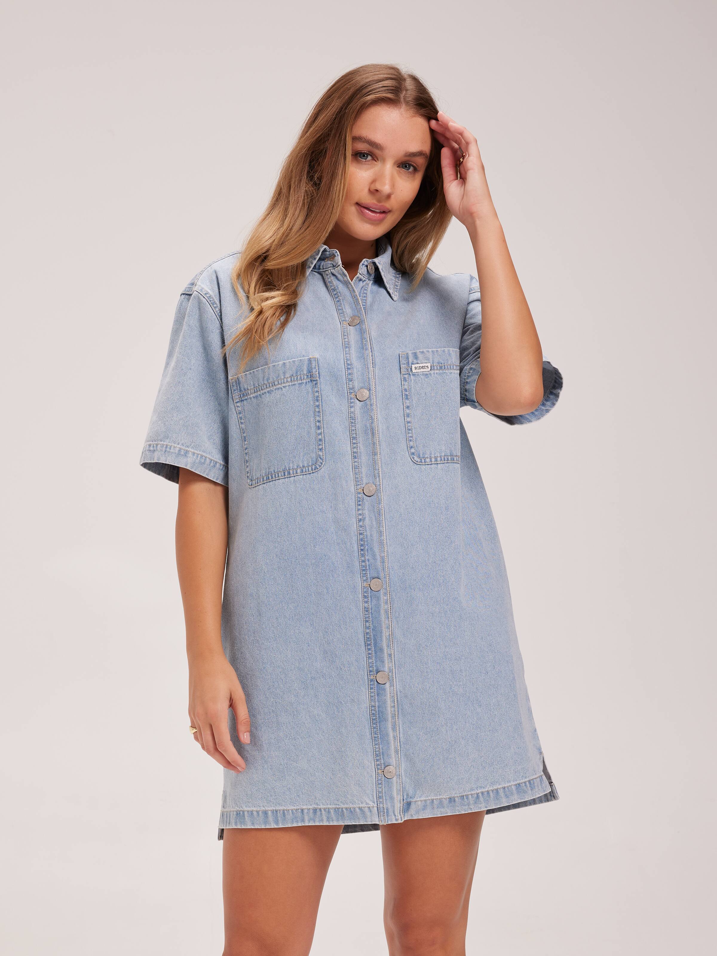Sara Denim Shirt Dress In Blue Fade