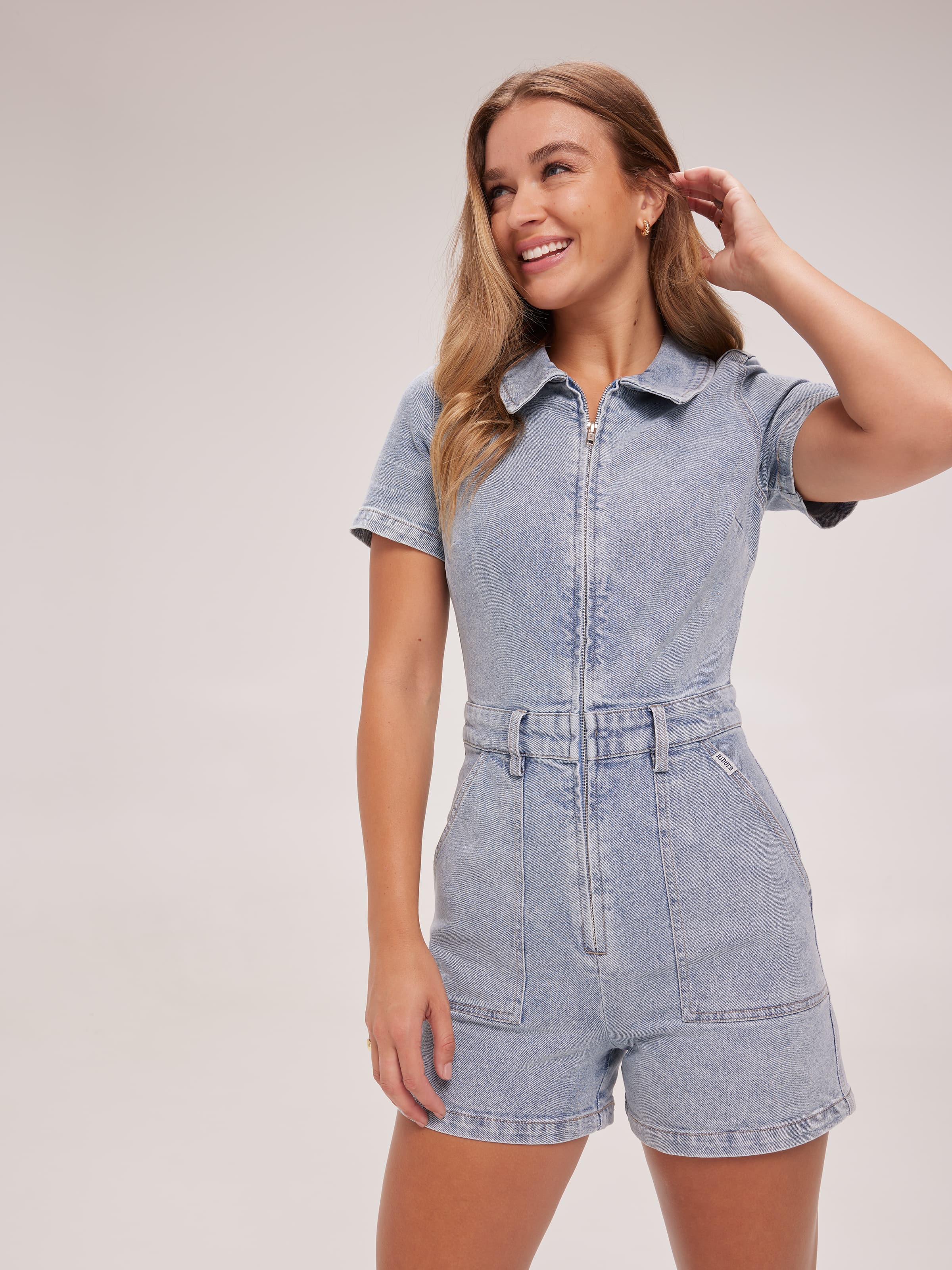 Riley Denim Romper In Blue Euphoria