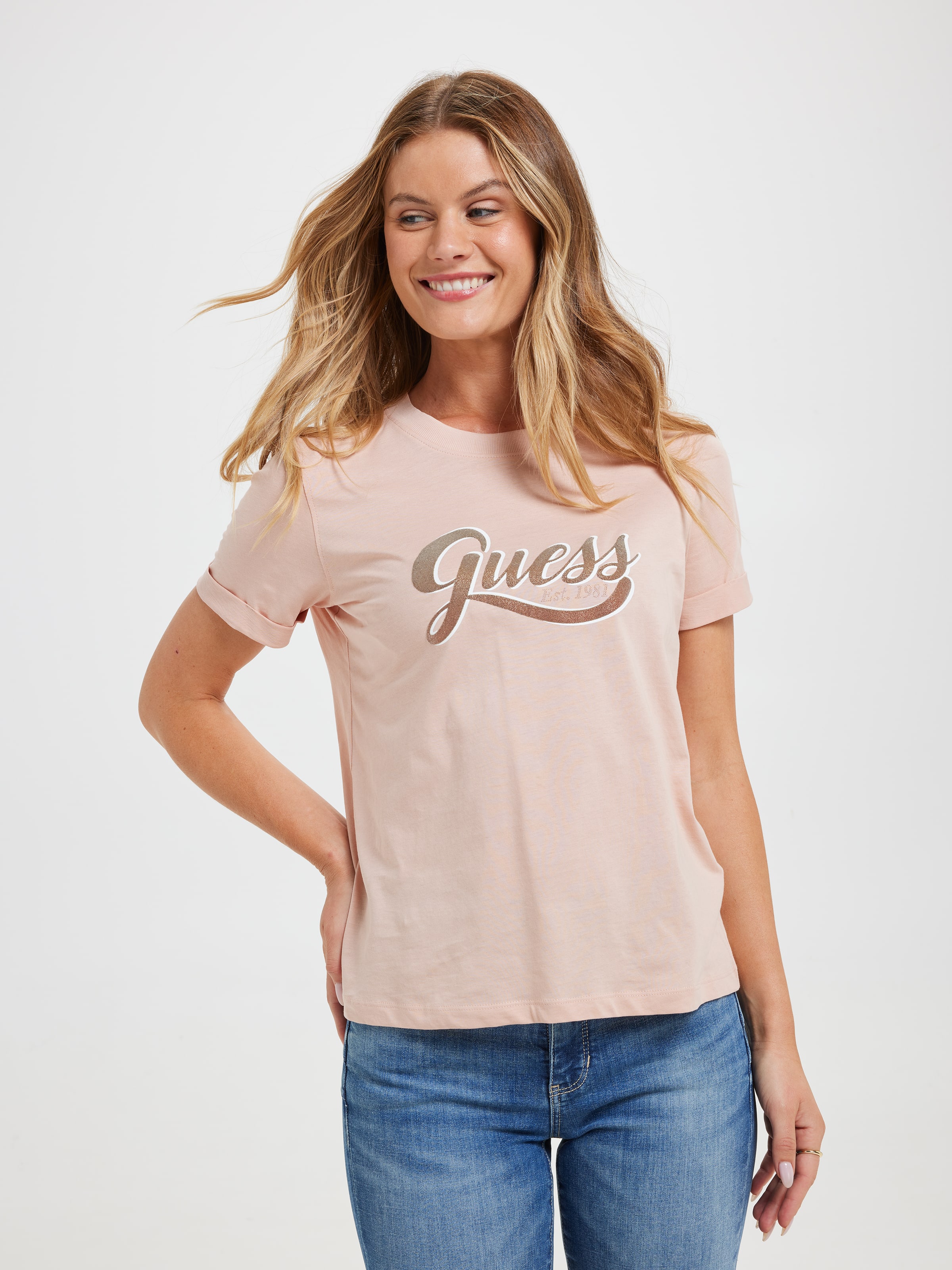 Glittery Logo Tee In Pale Sand
