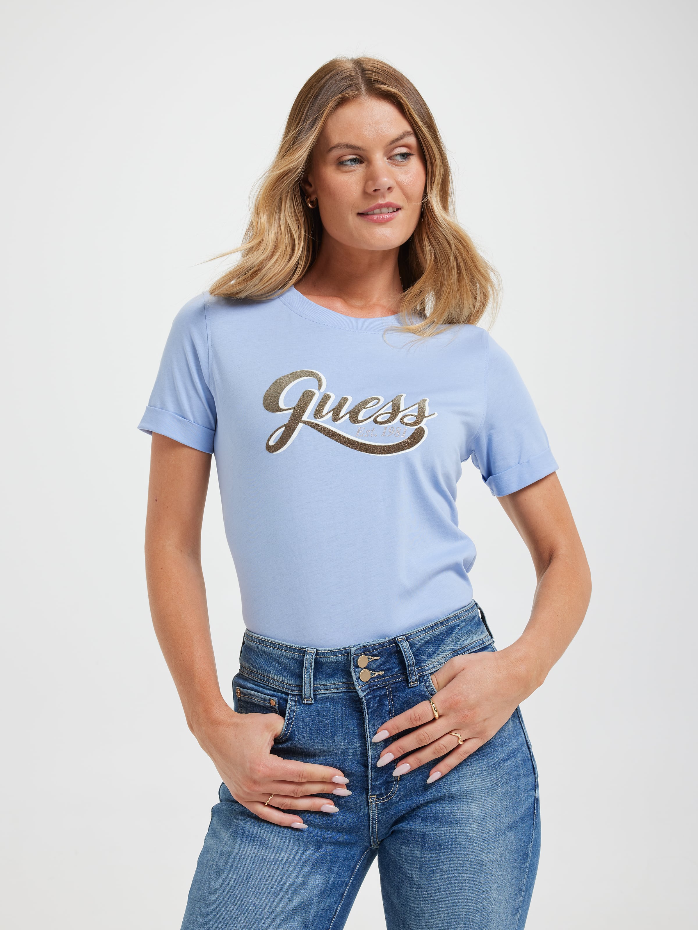 Glittery Logo Tee In Light Blue Luxe