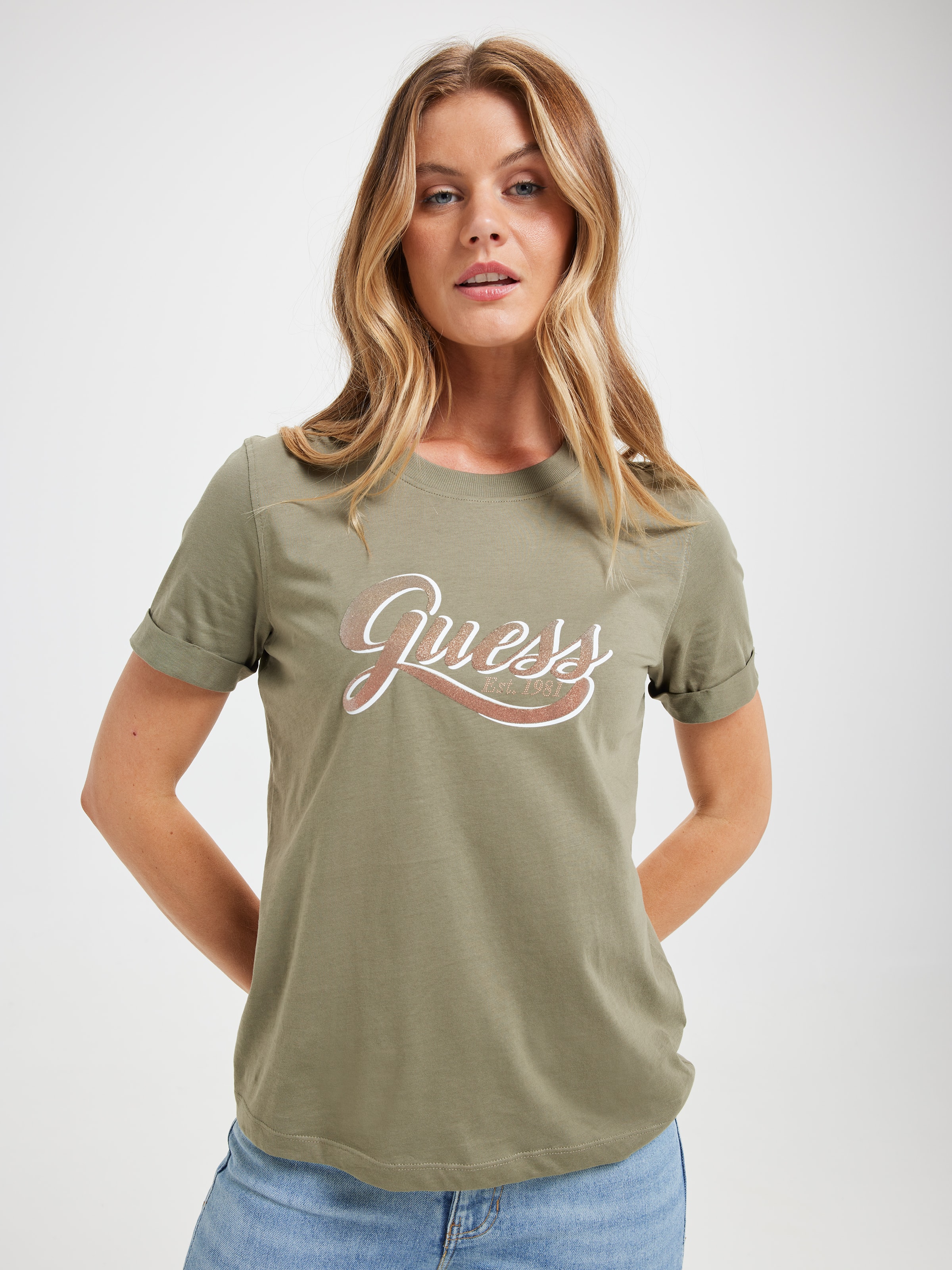 Glittery Logo Tee In Mossy Green