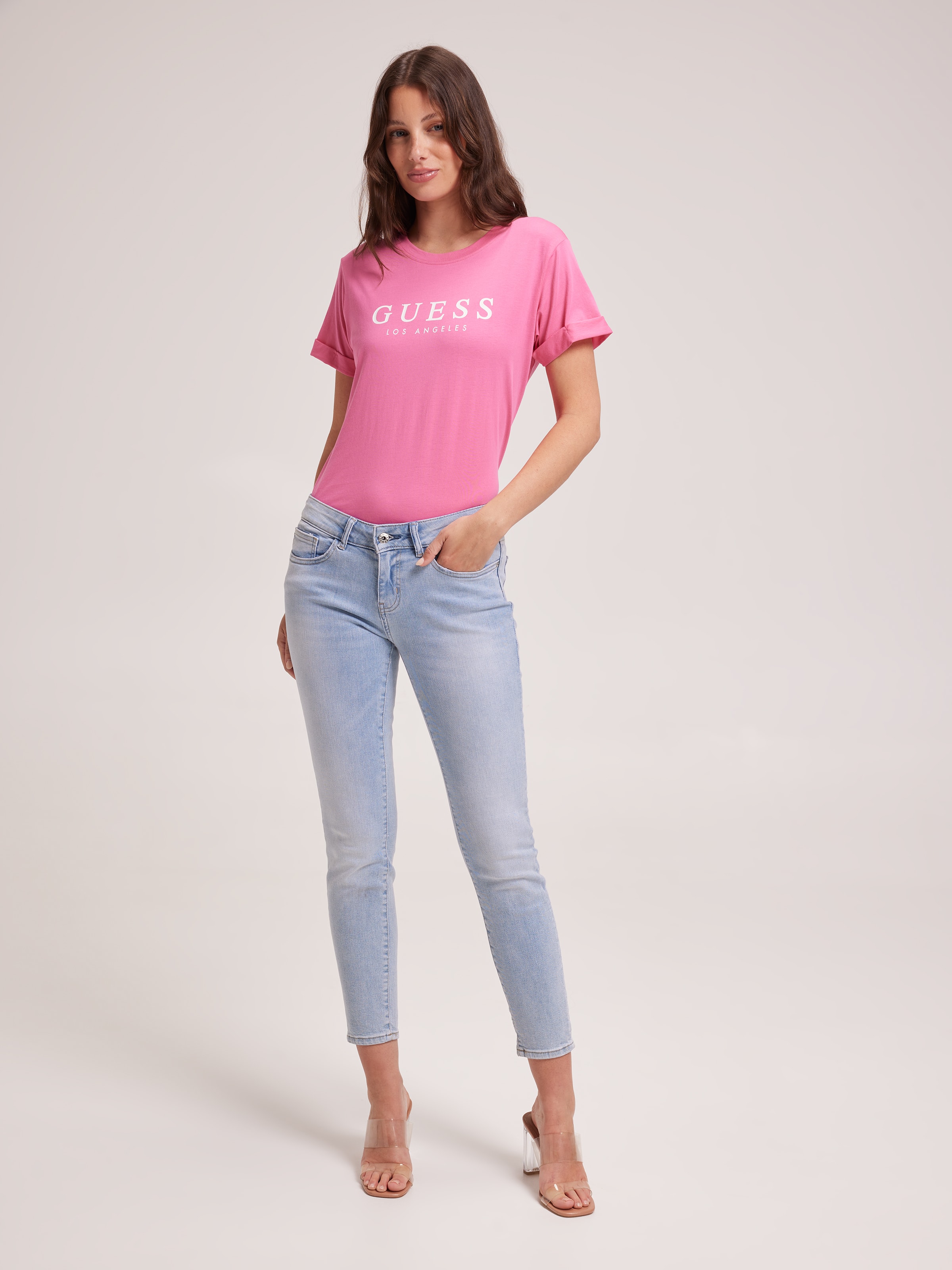 Rolled Up Tee In Electric Pink