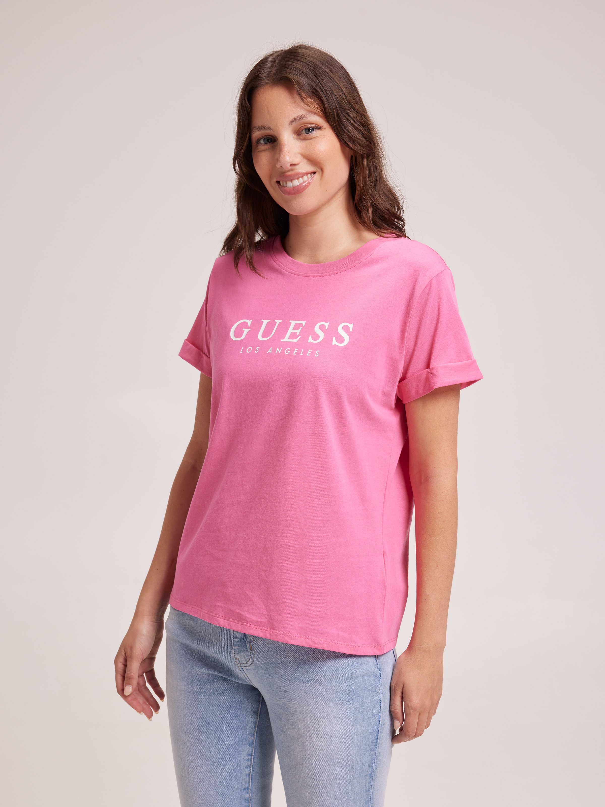 Rolled Up Tee In Electric Pink