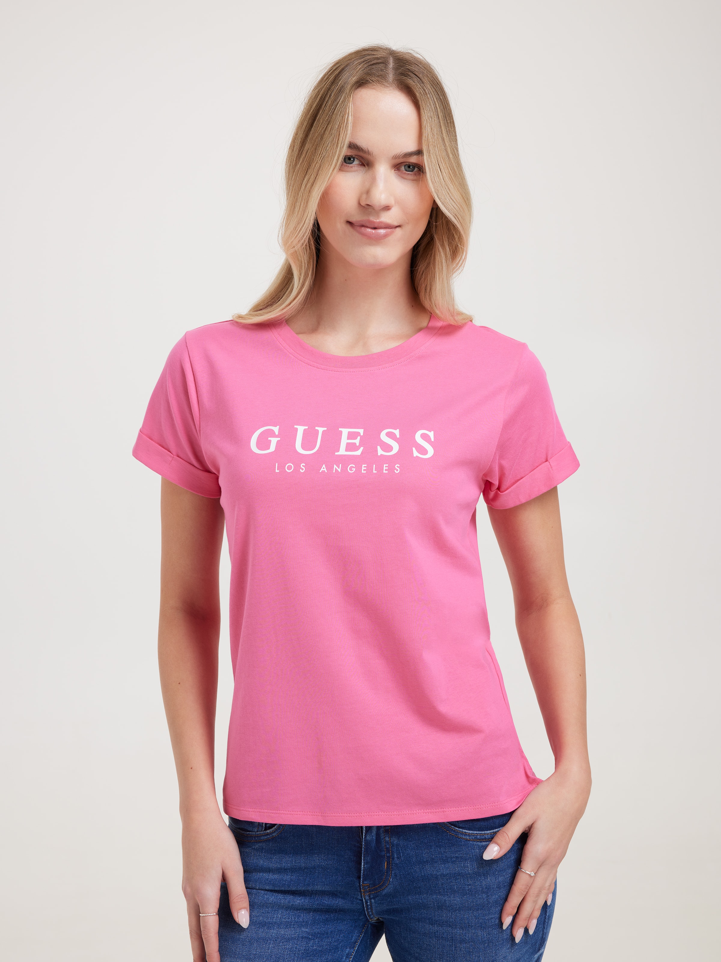 Rolled Up Tee In Electric Pink
