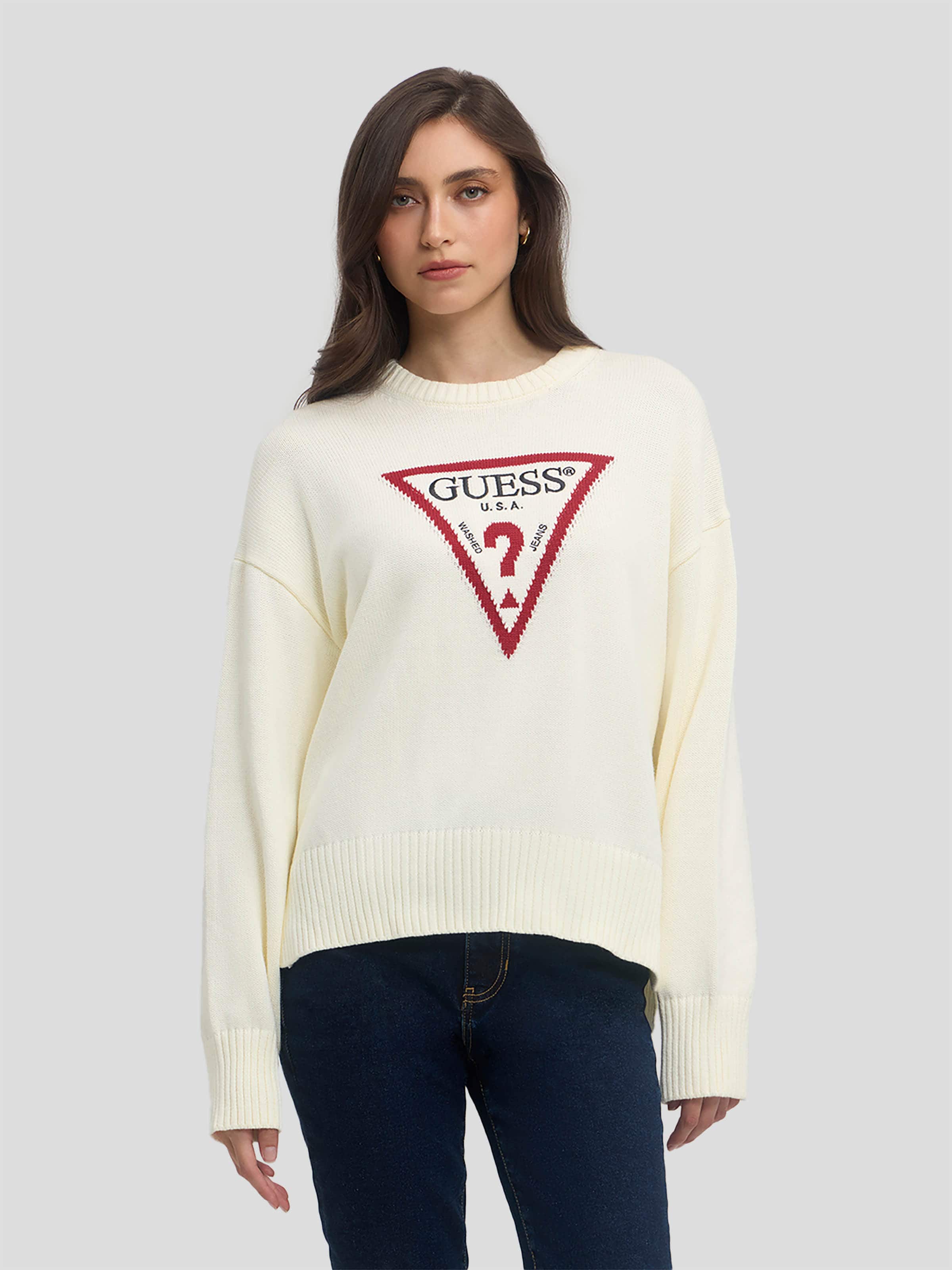 Jeans Crew Neck Big Triangle Sweater In Warm White