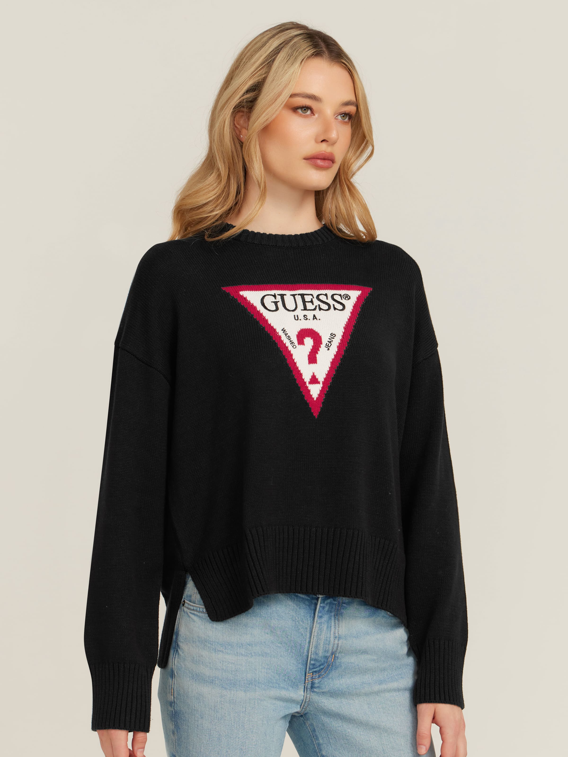 Jeans Crew Neck Big Triangle Sweater In Jet Black