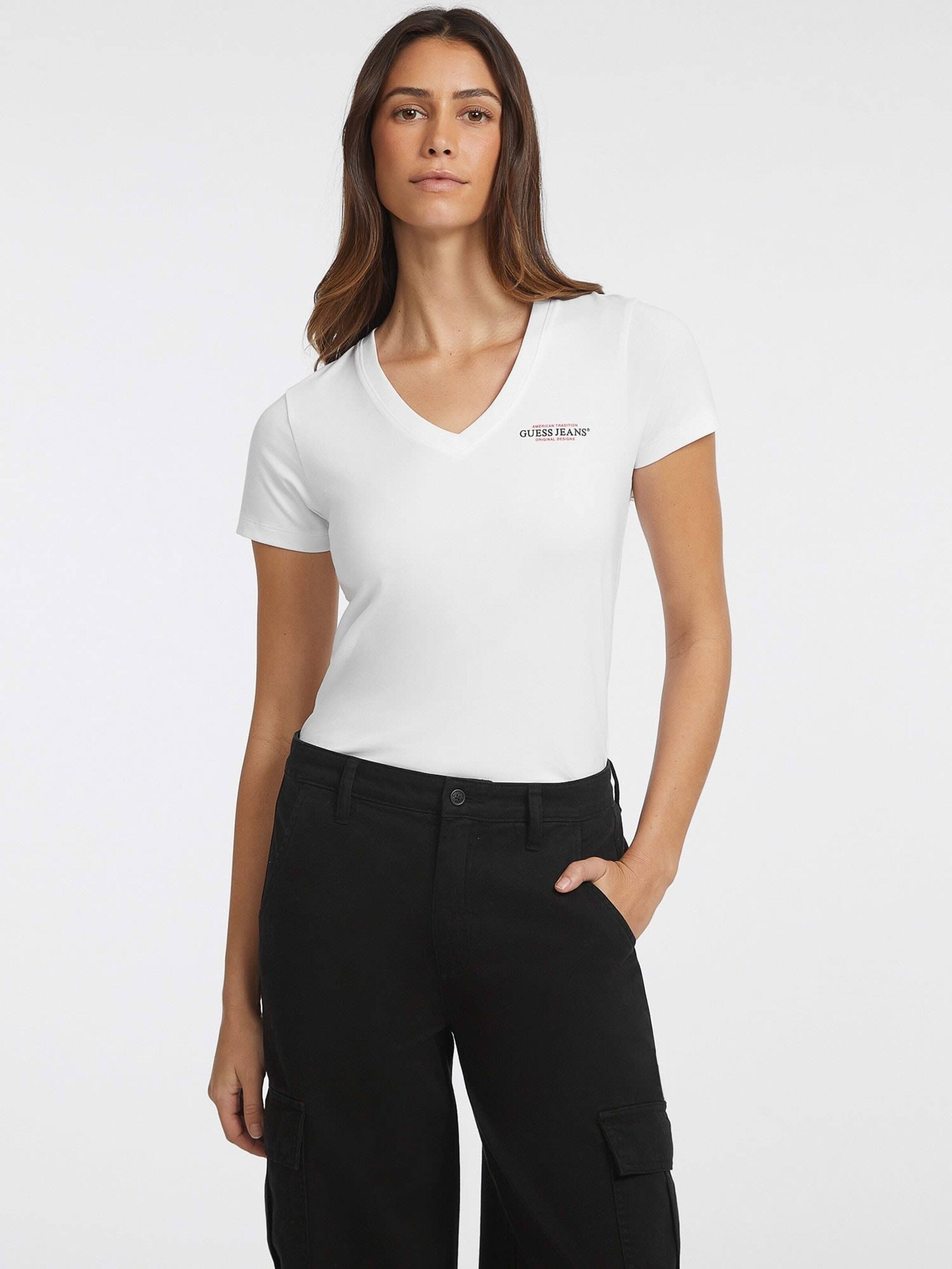 Short Sleeve V Neck Slim Mini America Tee In White