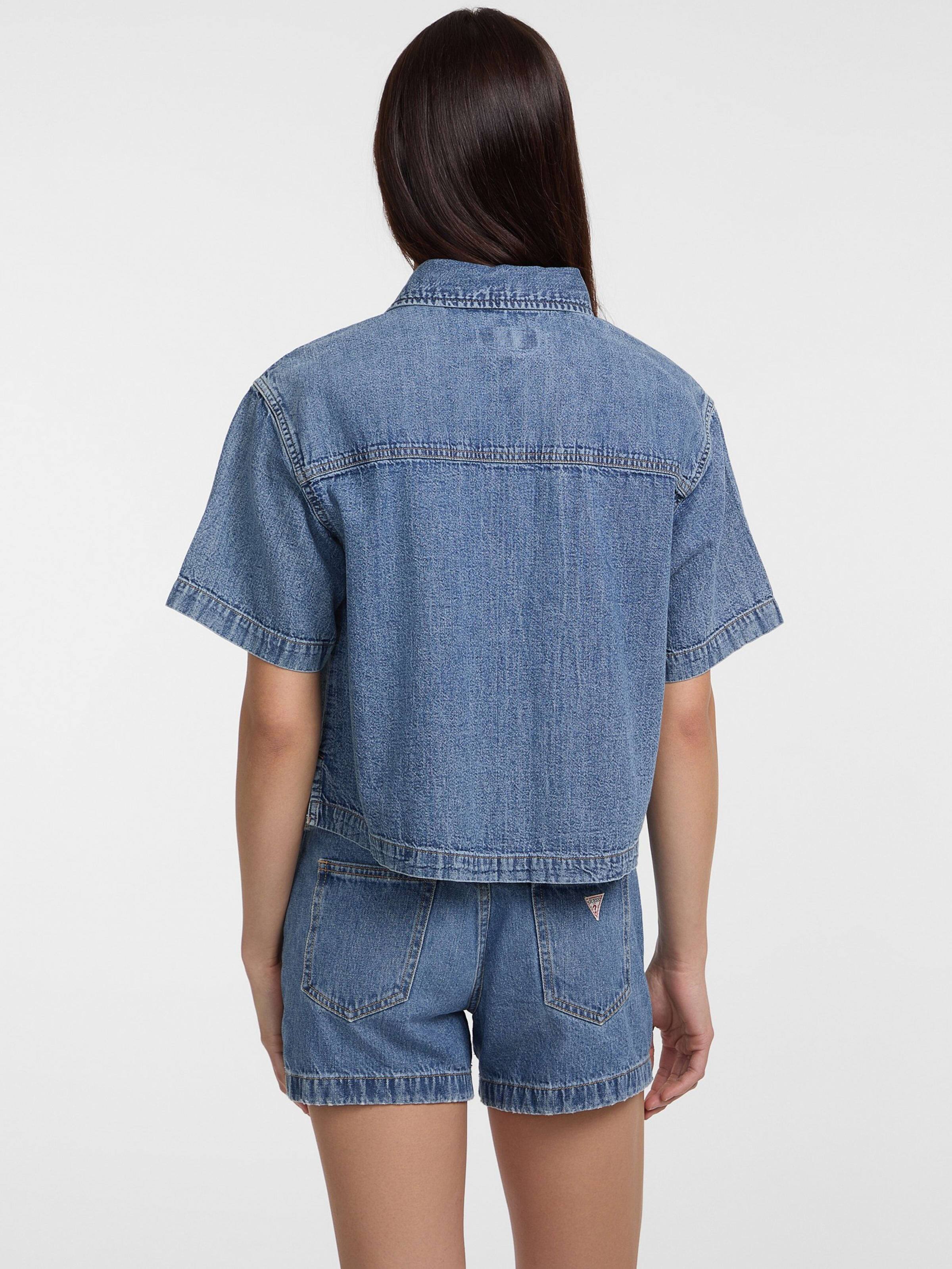 Boxy Short Sleeve Shirt In Mid Wash Denim
