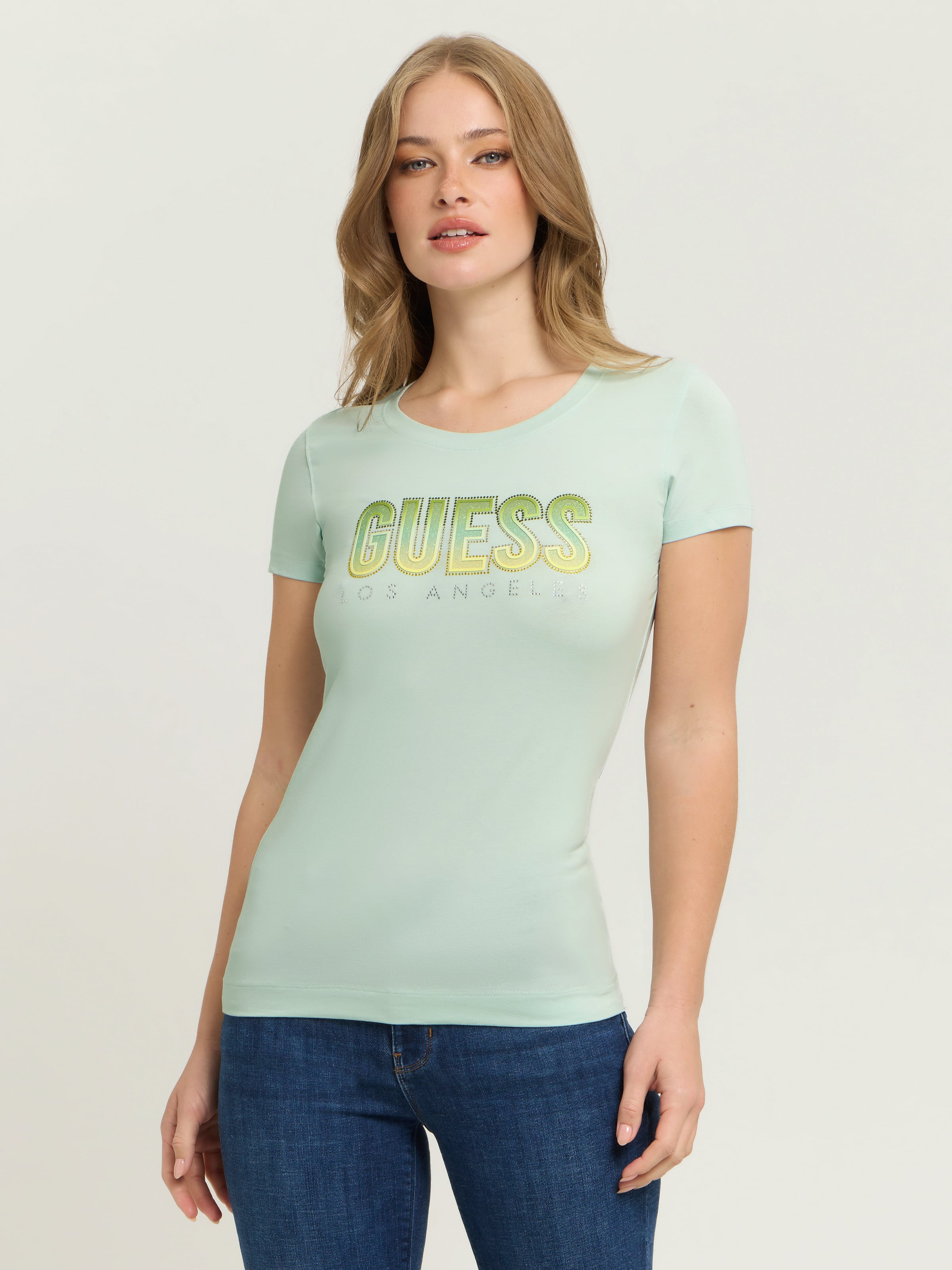 Glitter Degrade Logo Tee In Misty Teal
