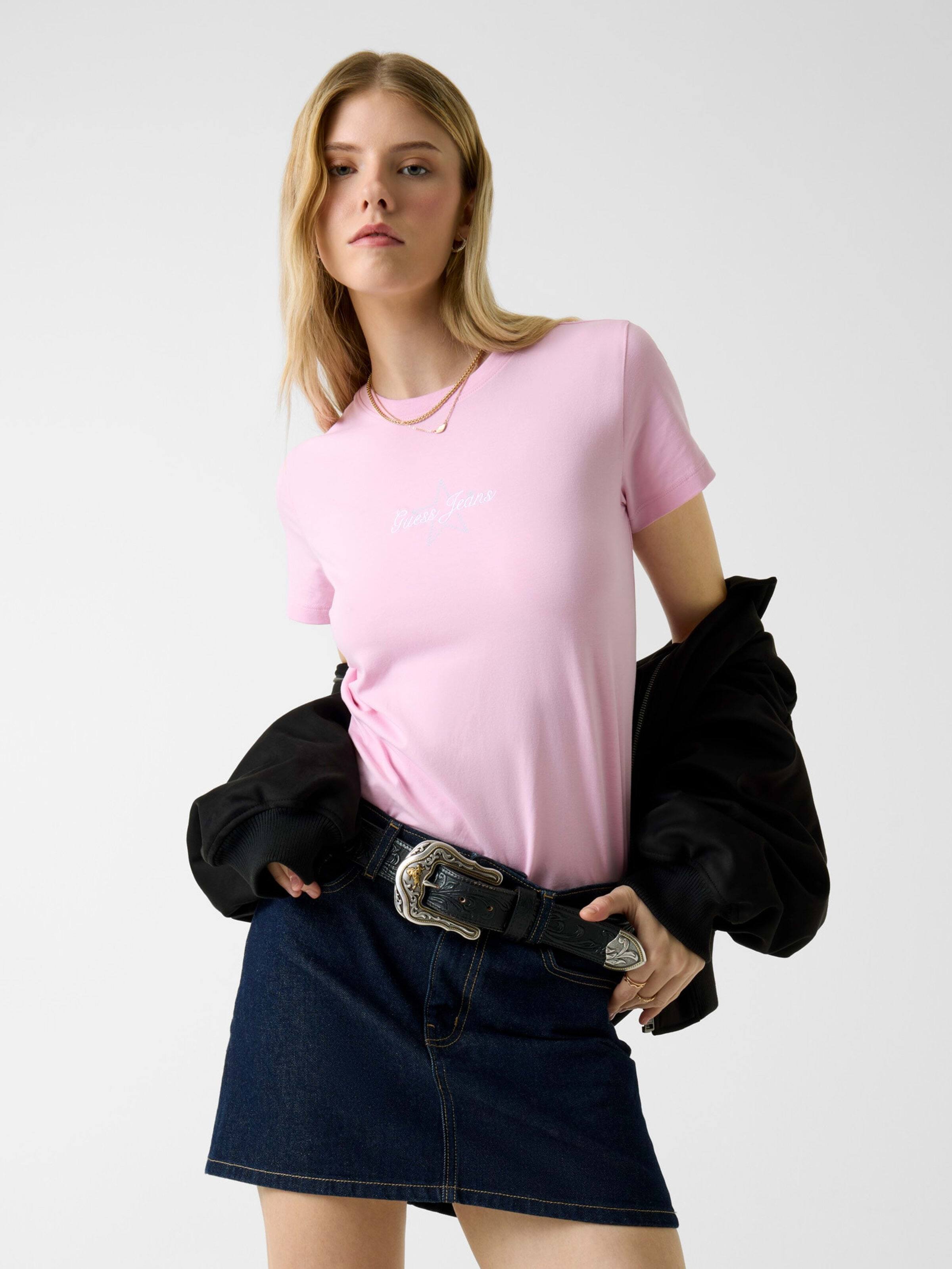 Jeans Short Sleeve Crew Neck Regular Star Embroidered Tee In Soft Rose