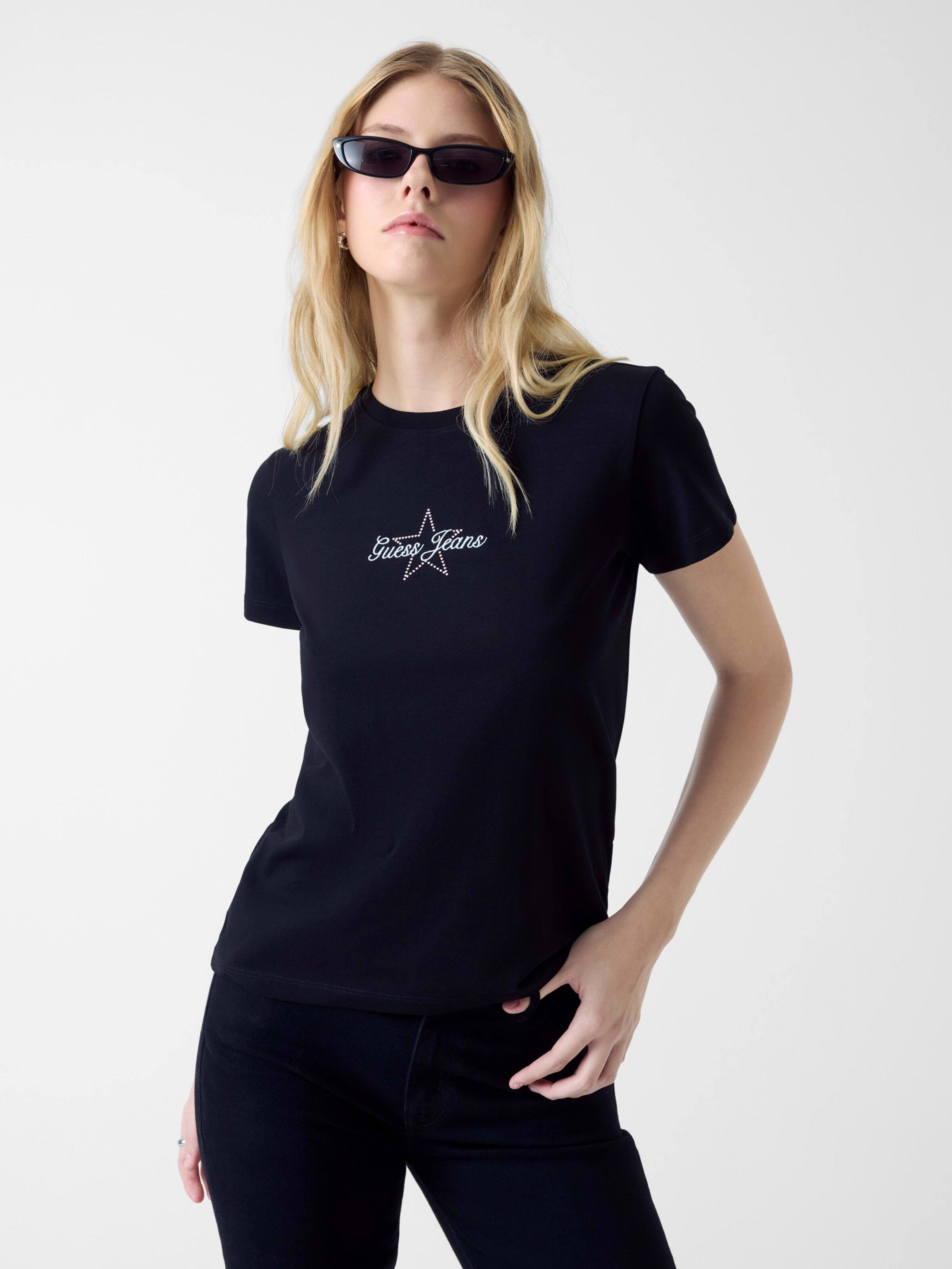 Jeans Short Sleeve Crew Neck Regular Star Embroidered Tee In Jet Black