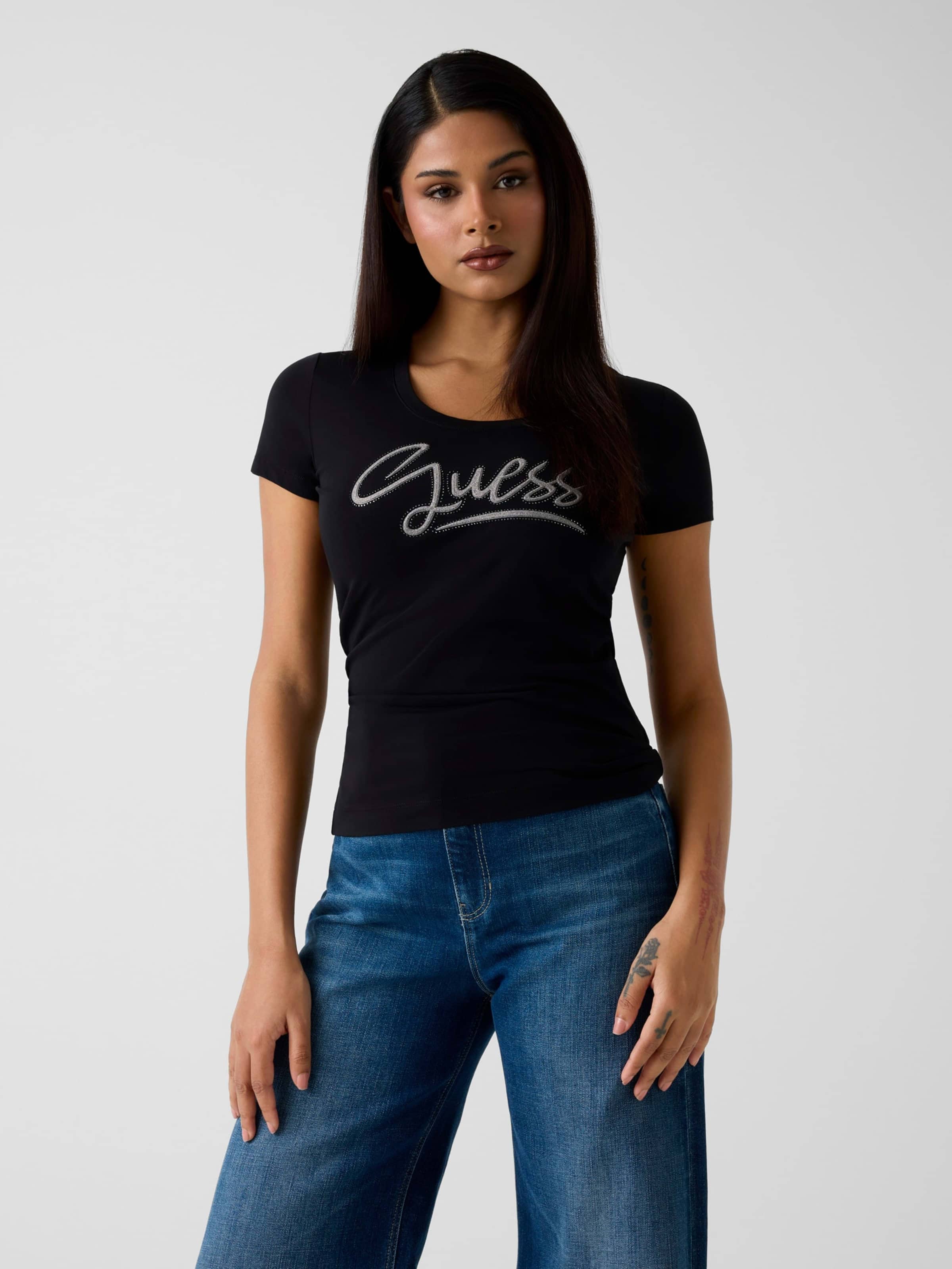 Short Sleeve Crew Neck Guess Script Tee In Black