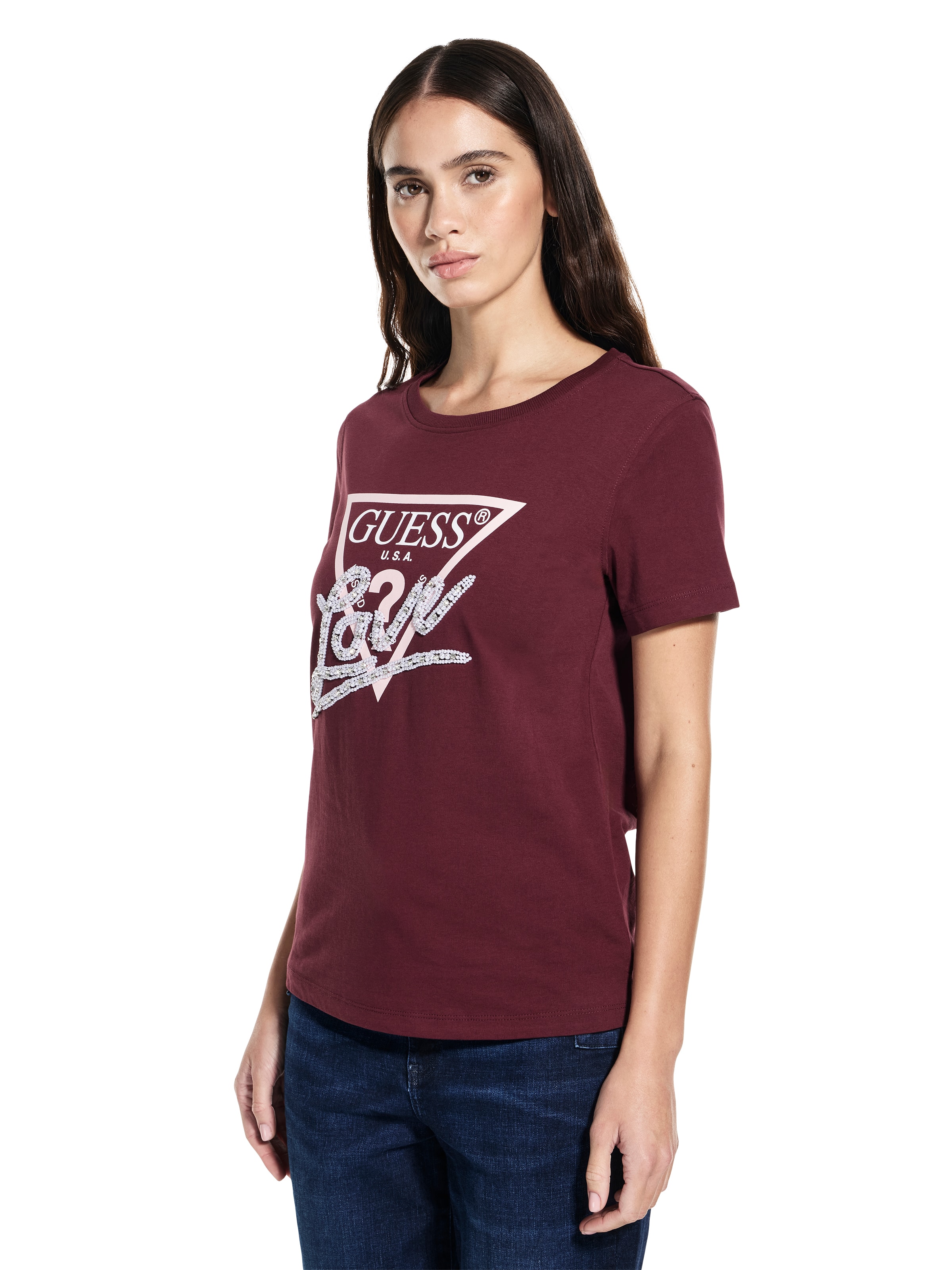 Pearls Love Triangle Tee In Red Noir