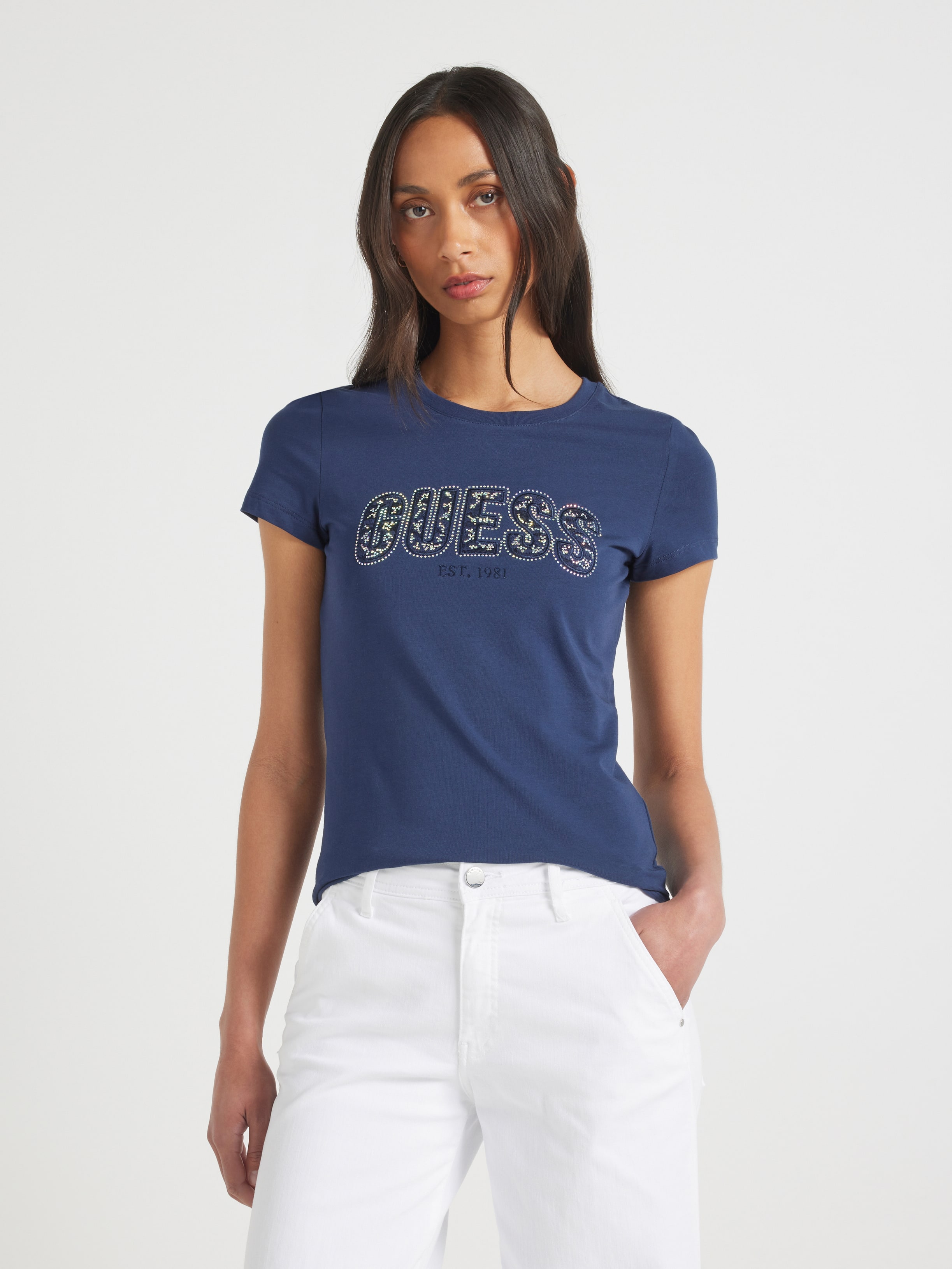 Crewneck Short Sleeve Logo Lace Tee In Blackened Blue