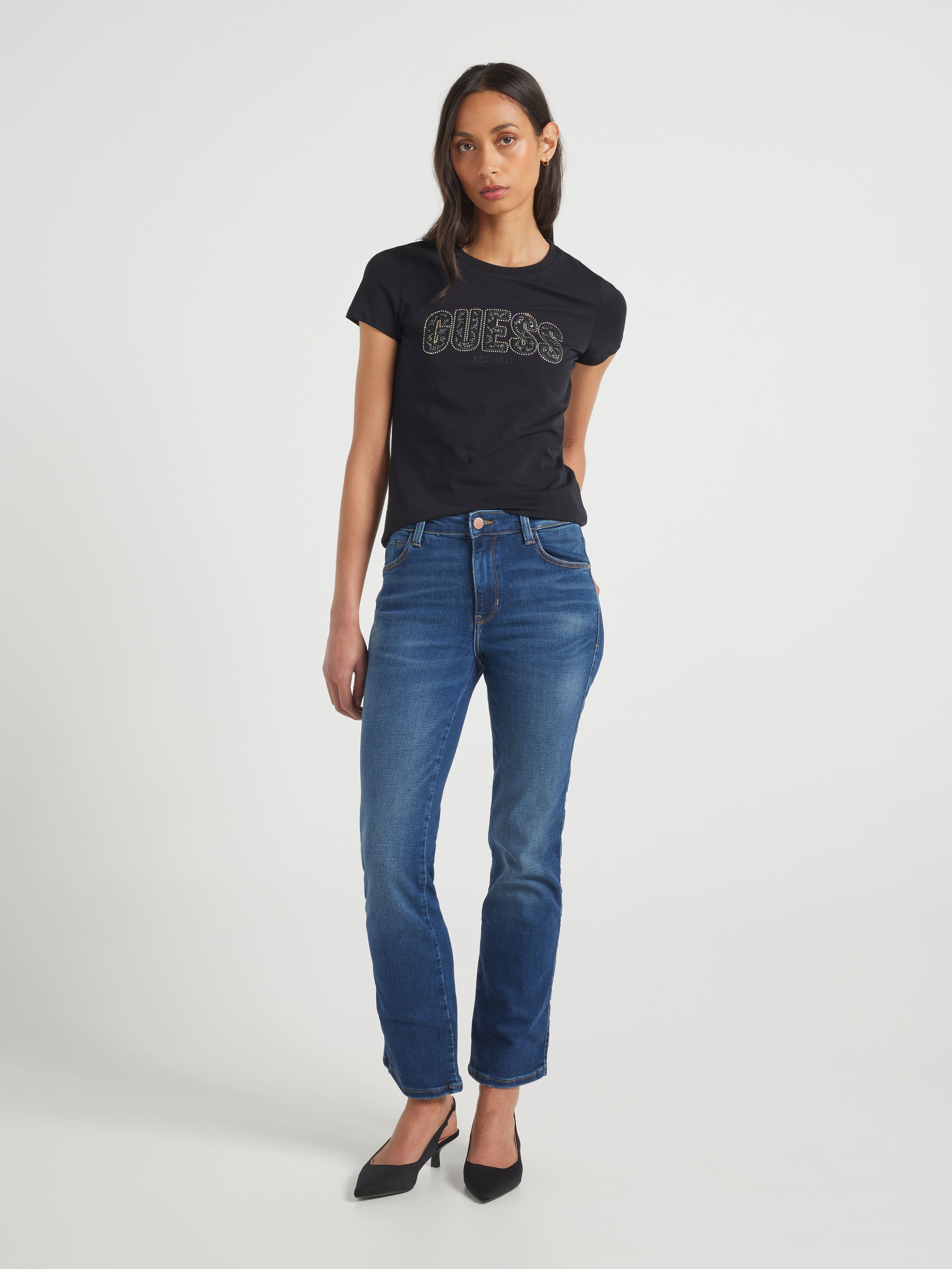 Crewneck Short Sleeve Logo Lace Tee In Jet Black