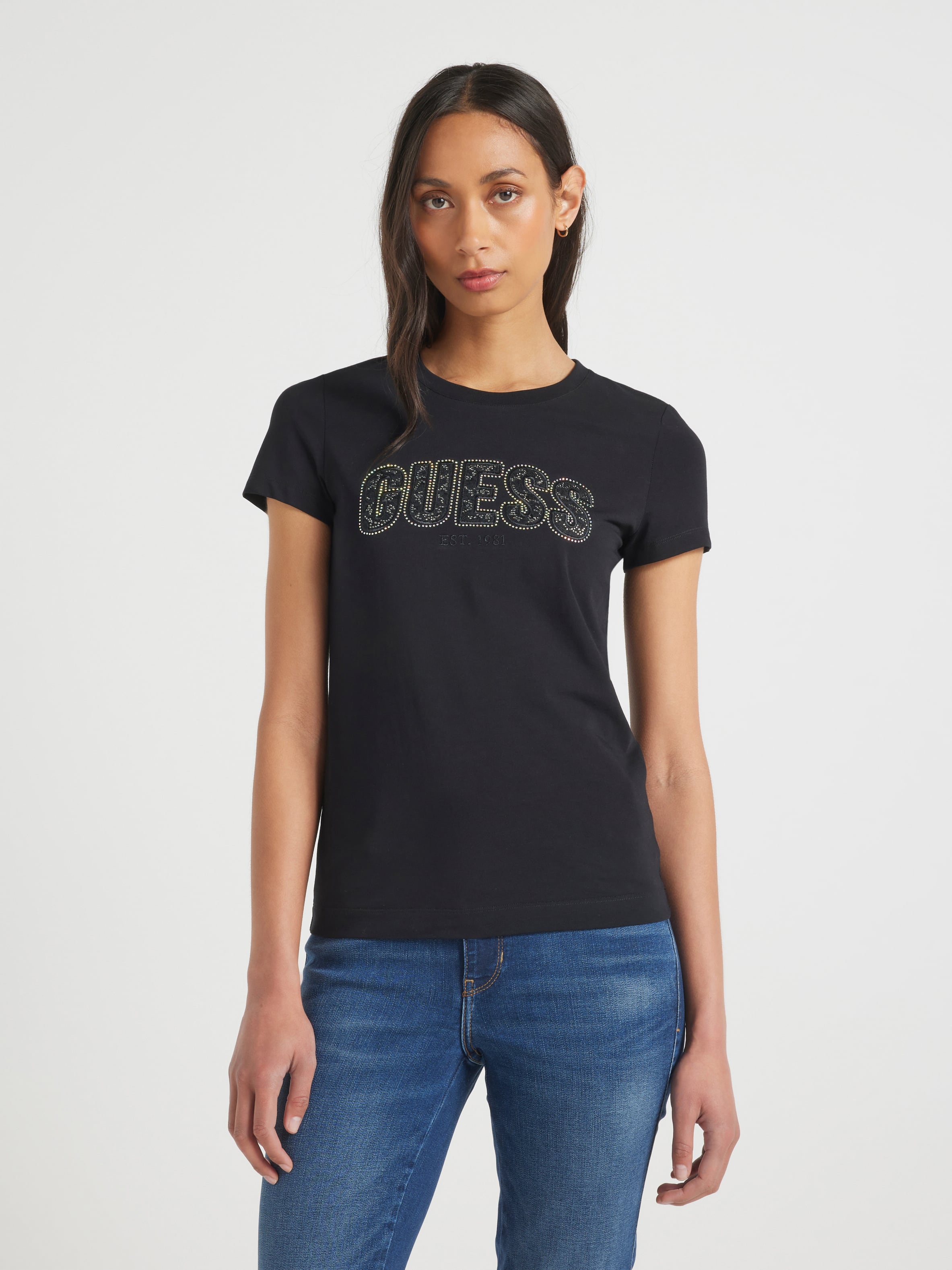 Crewneck Short Sleeve Logo Lace Tee In Jet Black