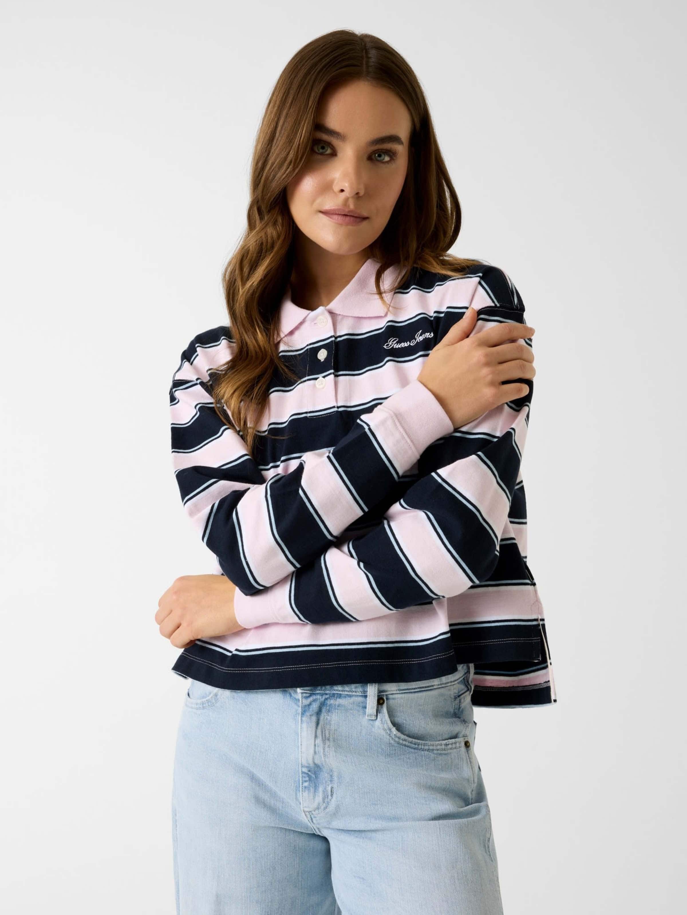 Oversized Crop Polo Shirt In Liliac Stripe