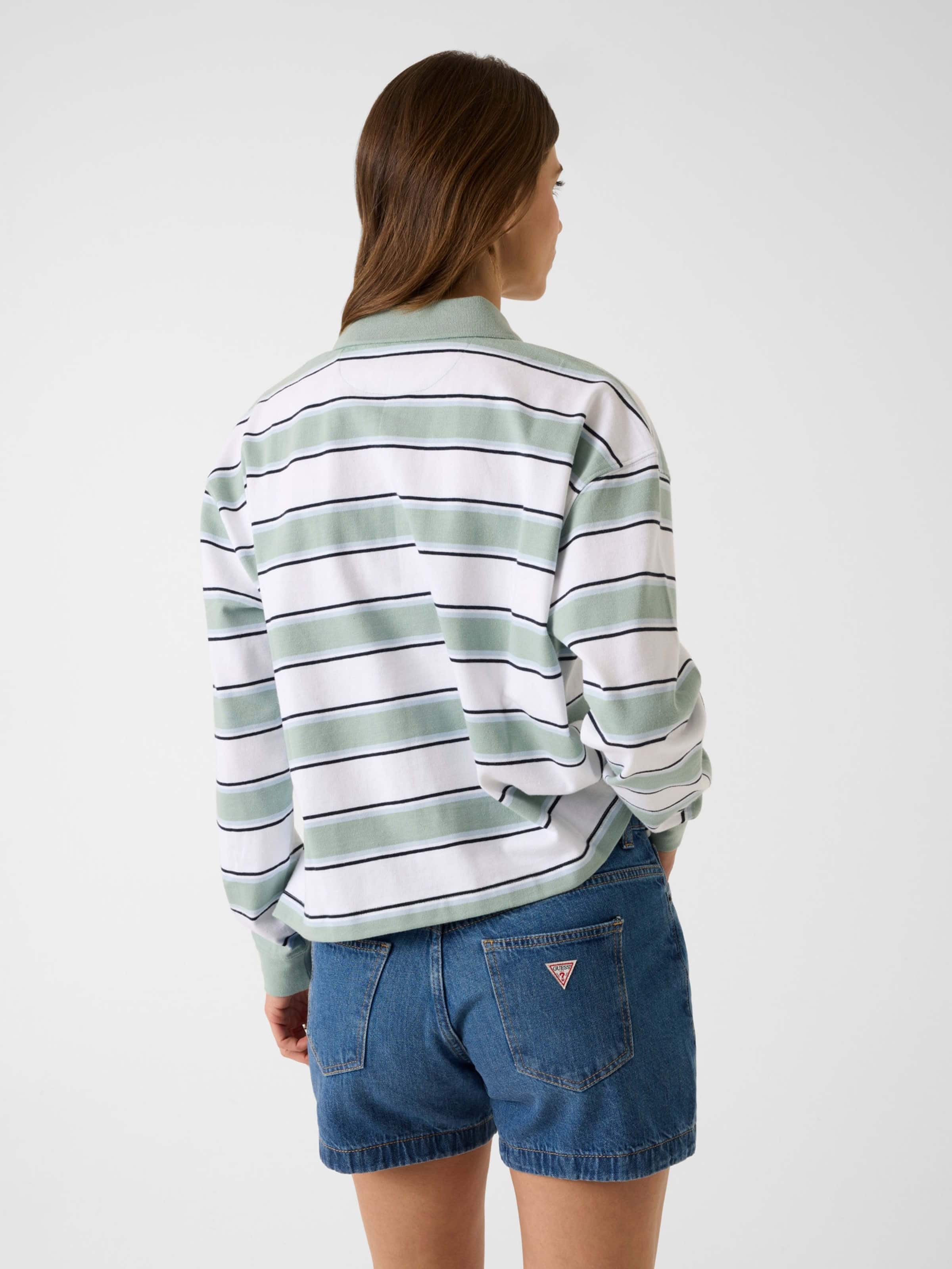 Oversized Crop Polo Shirt In Green Stripe