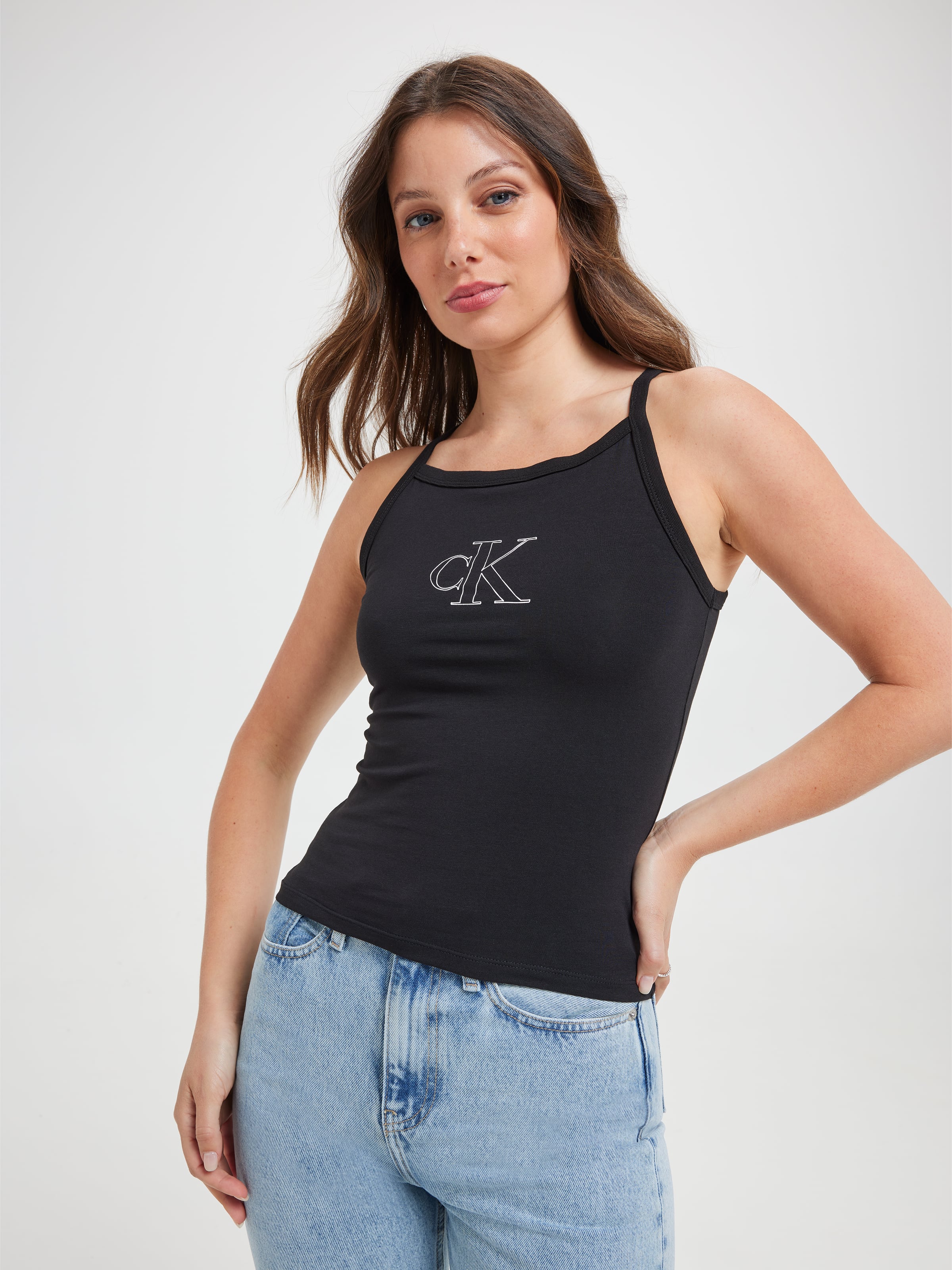 Outlined Strappy Tank In Black