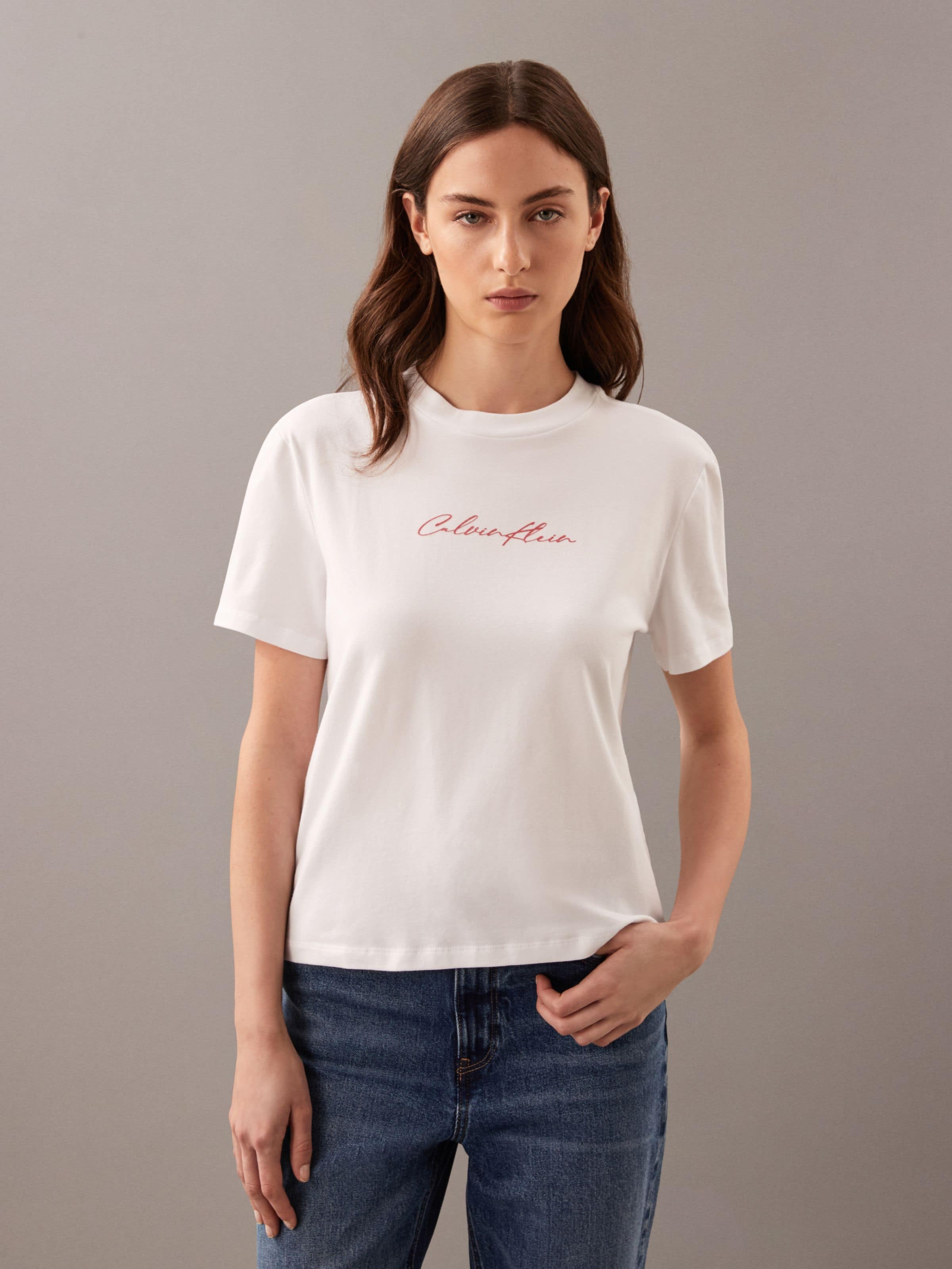 Script Glitter Slim Tee In Brilliant White