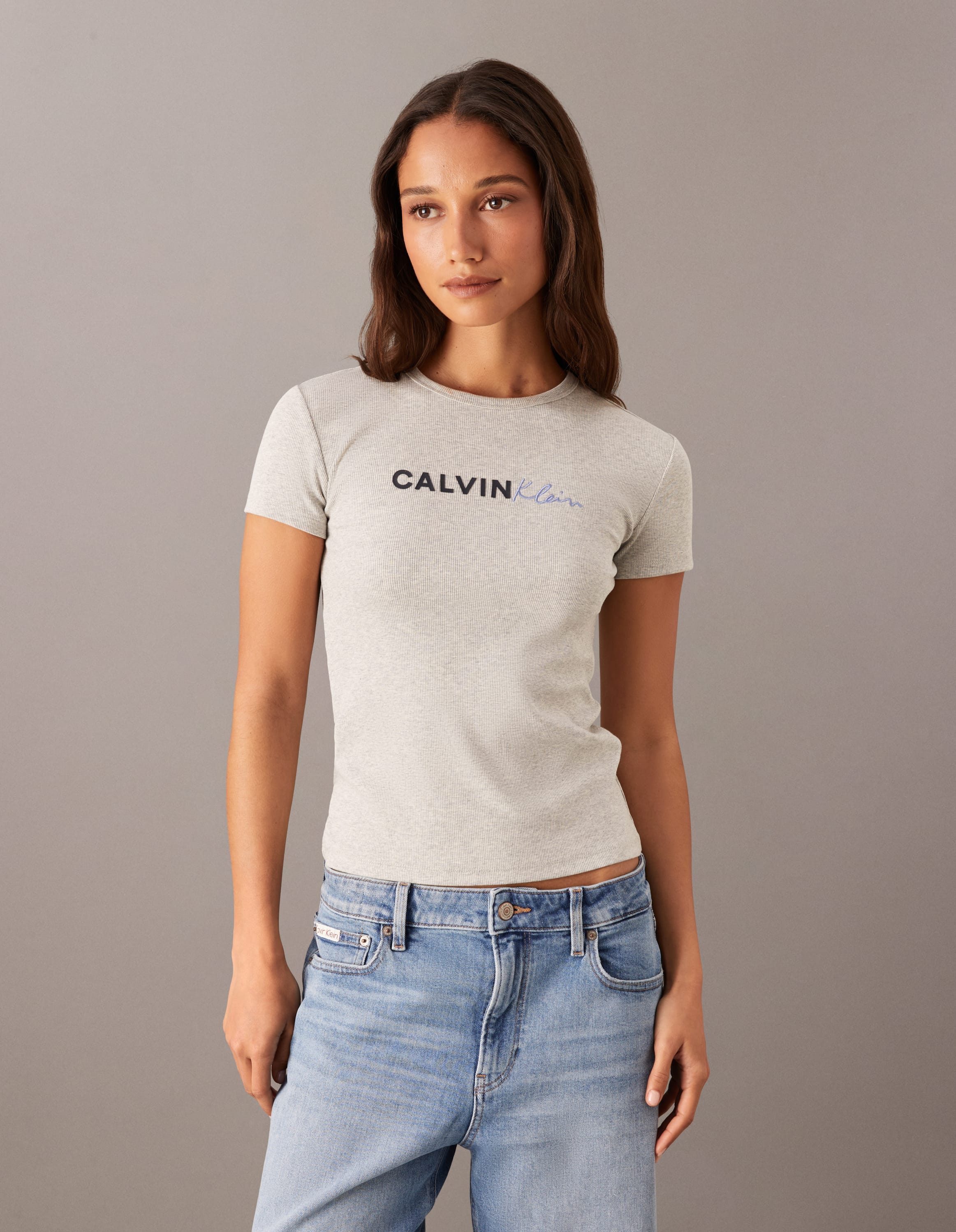 Short Sleeve Contour Ribbed Logo Tee In Grey Heather