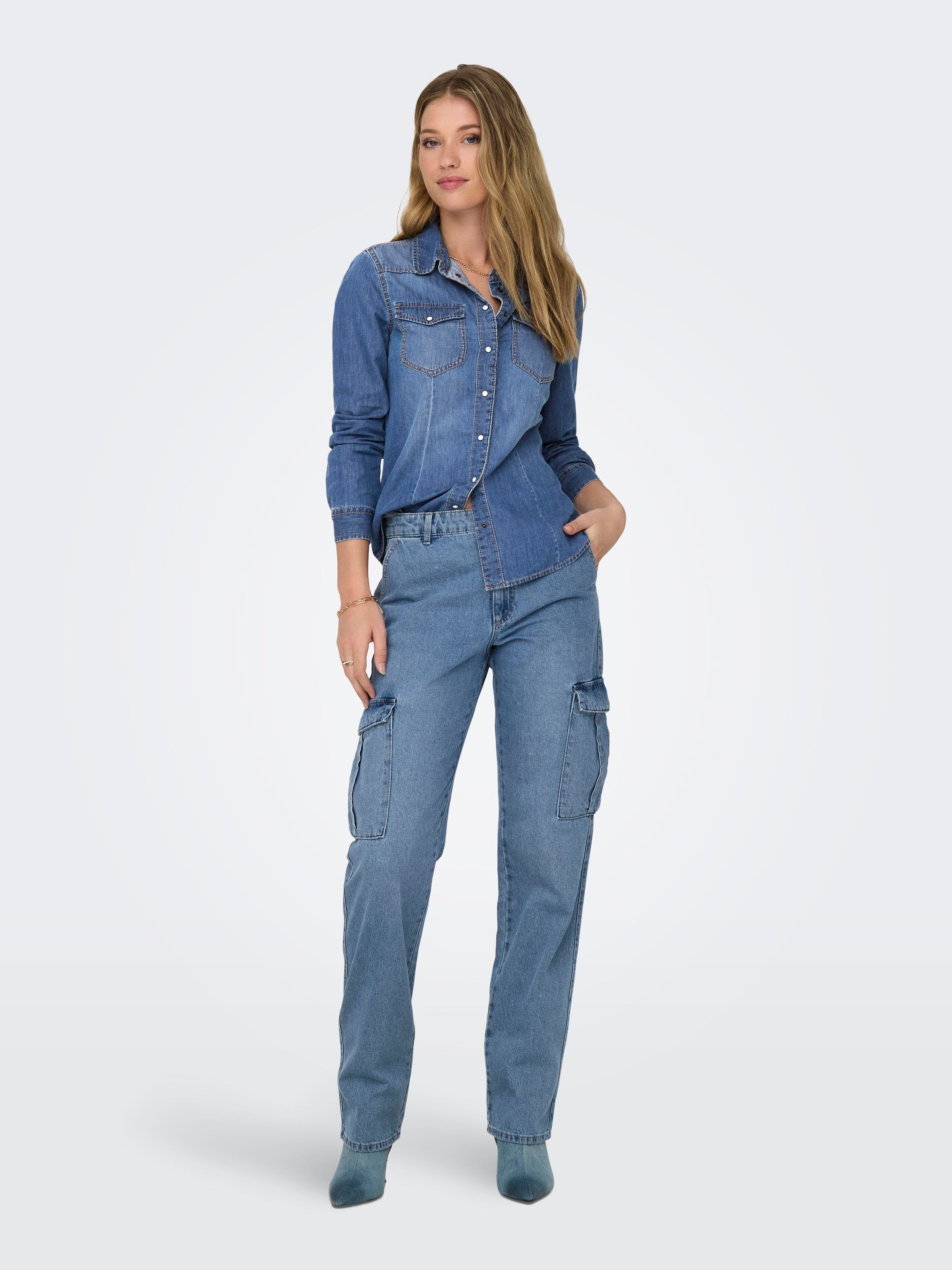 Alexa Long Sleeve Denim Shirt In Med Denim