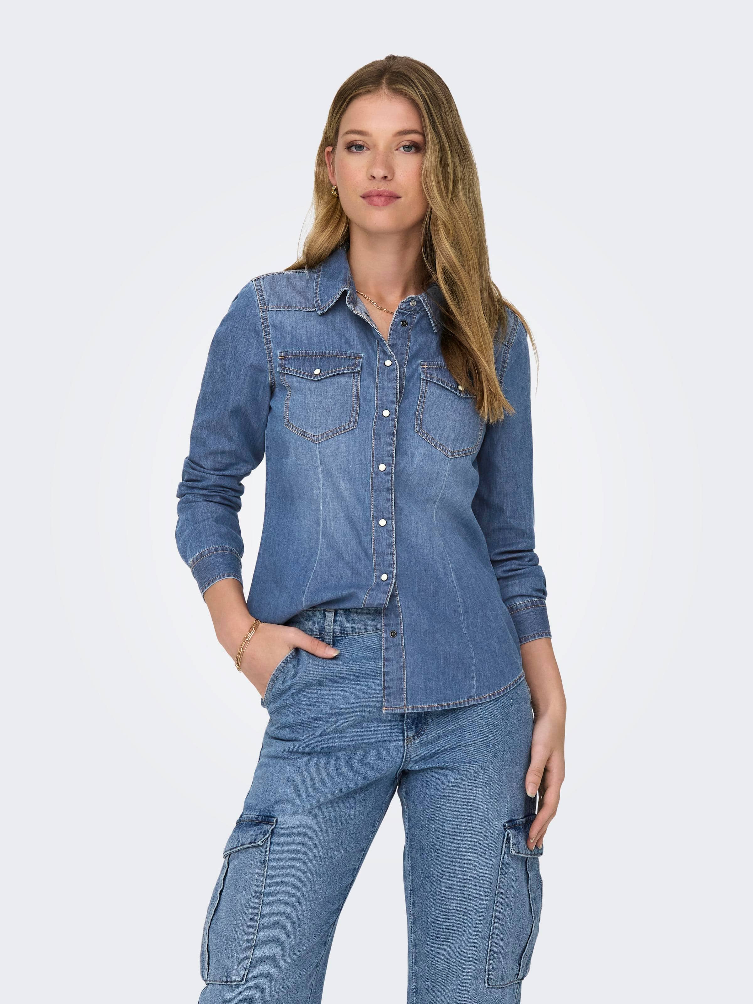 Alexa Long Sleeve Denim Shirt In Med Denim