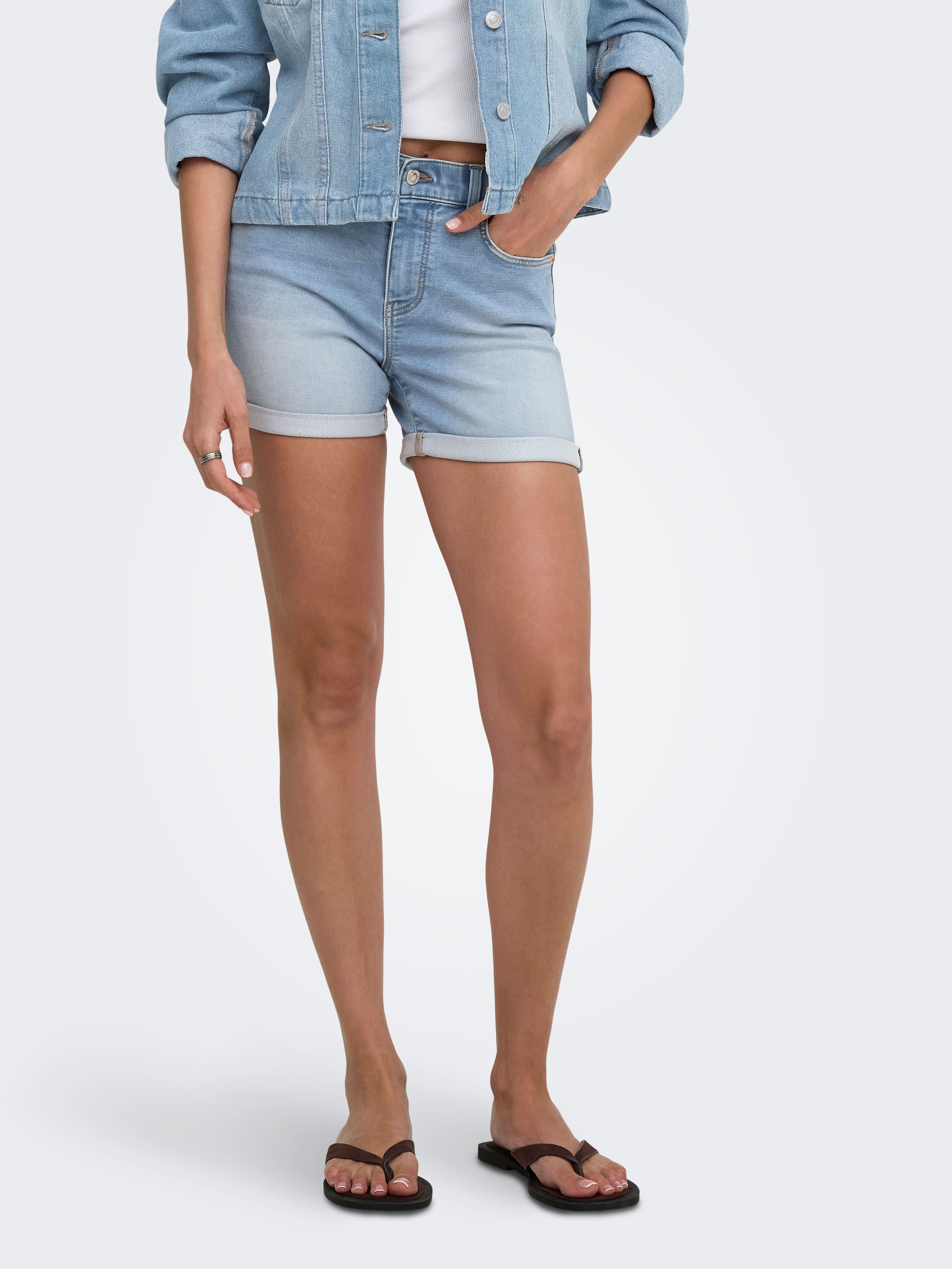 Ulana High Waisted Fold Up Jog Denim Shorts In Light Blue