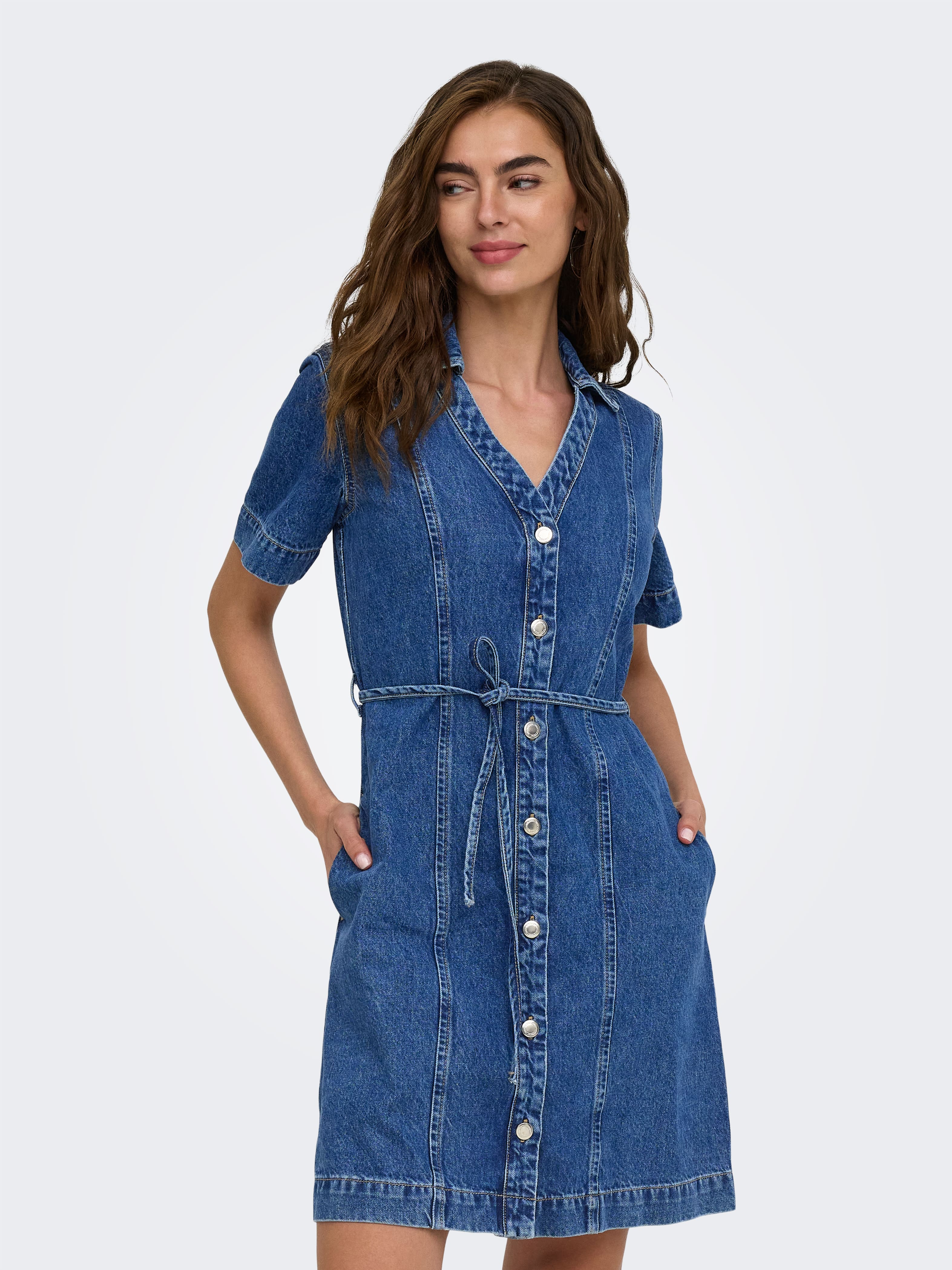 Fina Belt Denim Dress In Medium Blue
