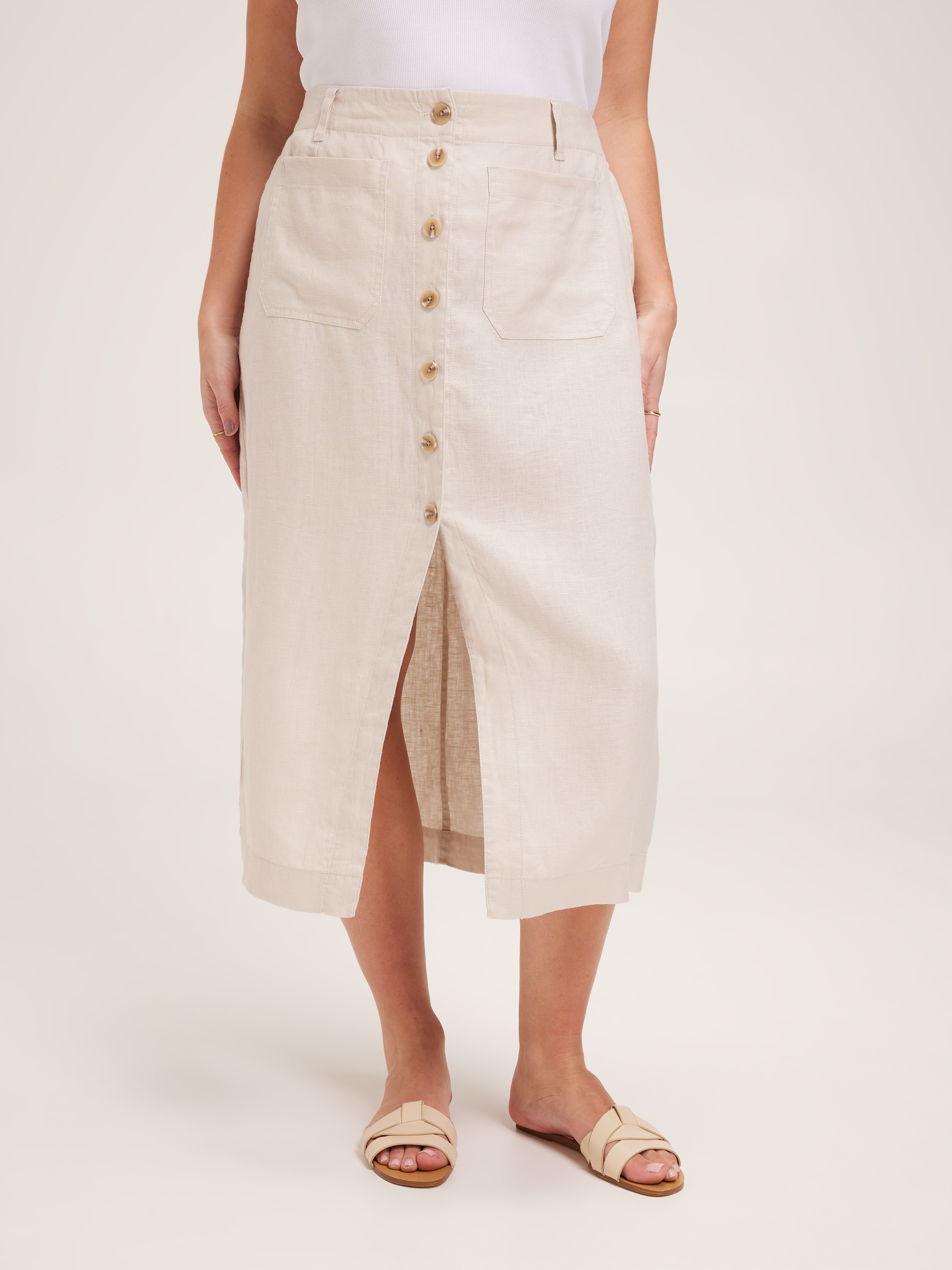 Curve Linen Patch Pocket Midi Skirt