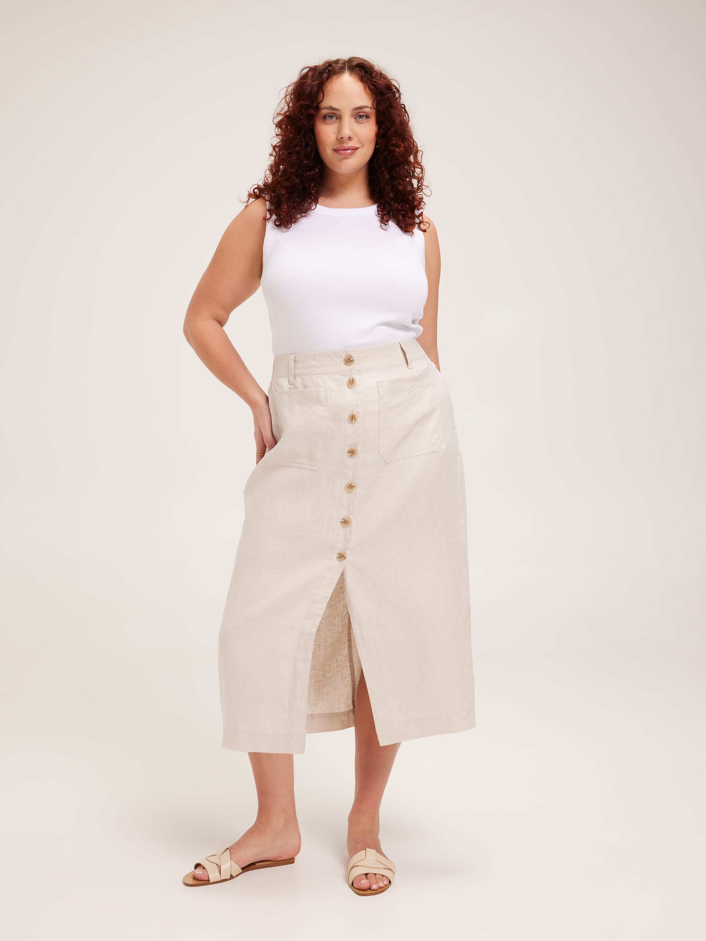 Curve Linen Patch Pocket Midi Skirt
