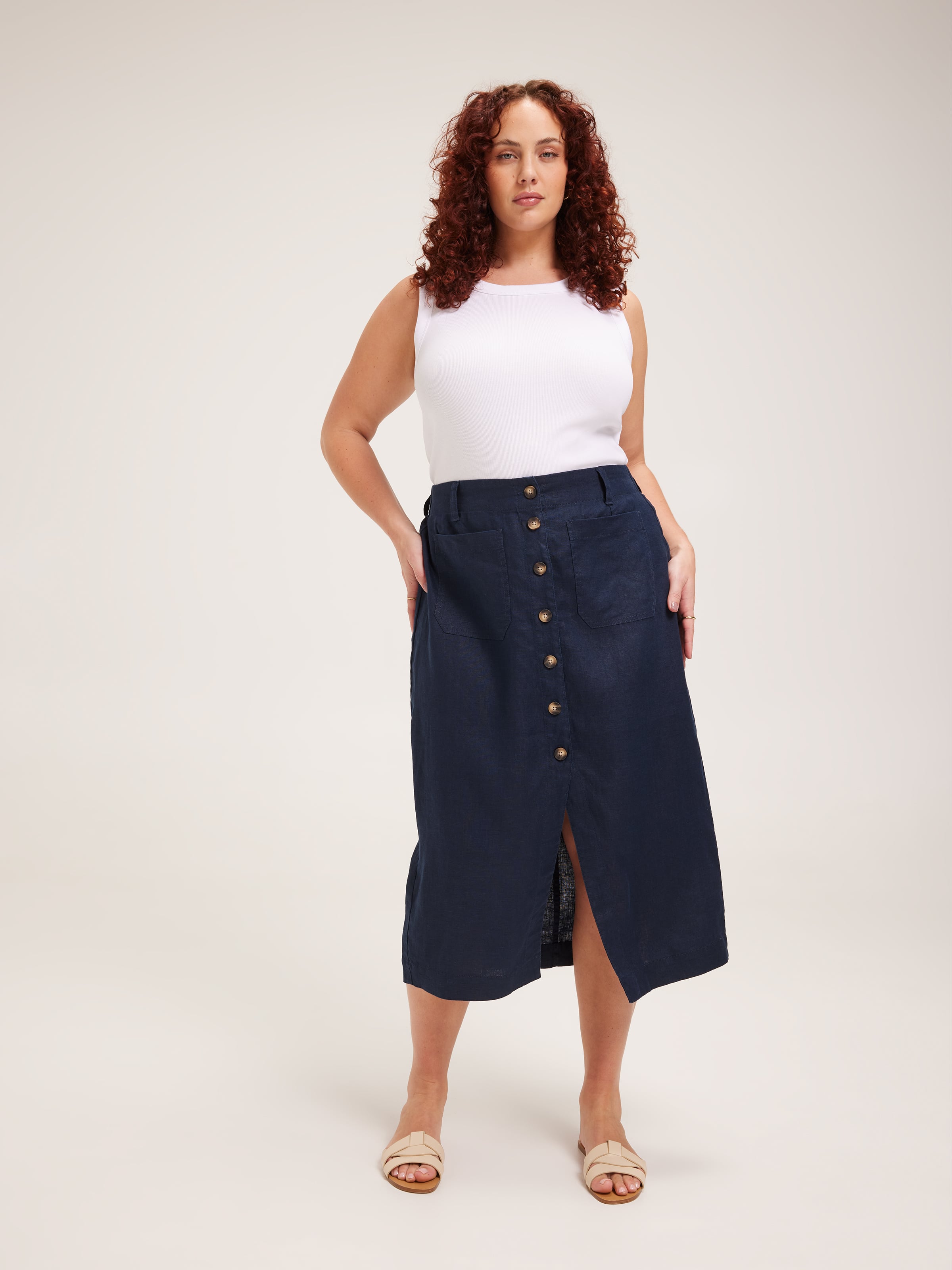 Curve Linen Patch Pocket Midi Skirt