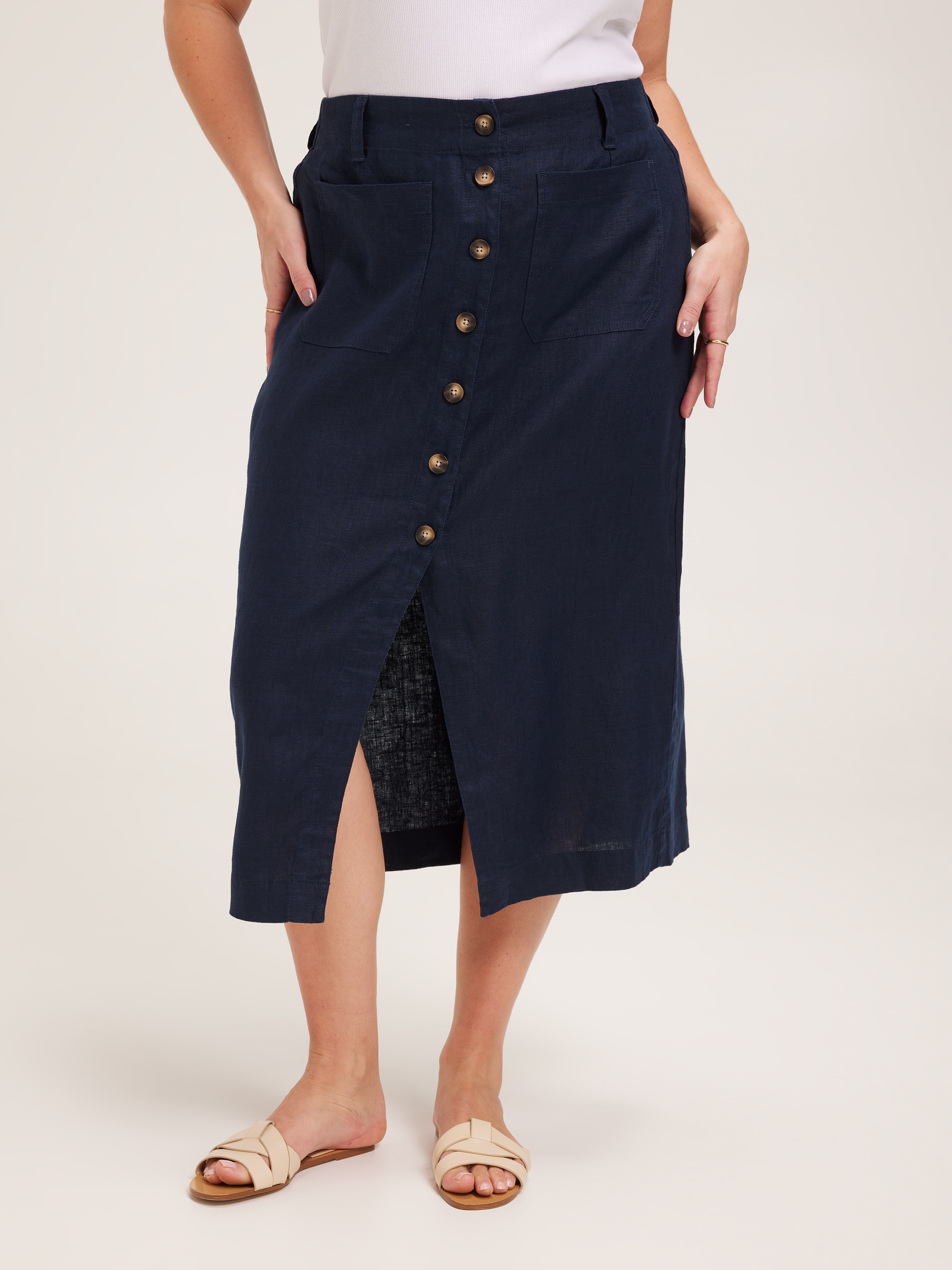 Curve Linen Patch Pocket Midi Skirt